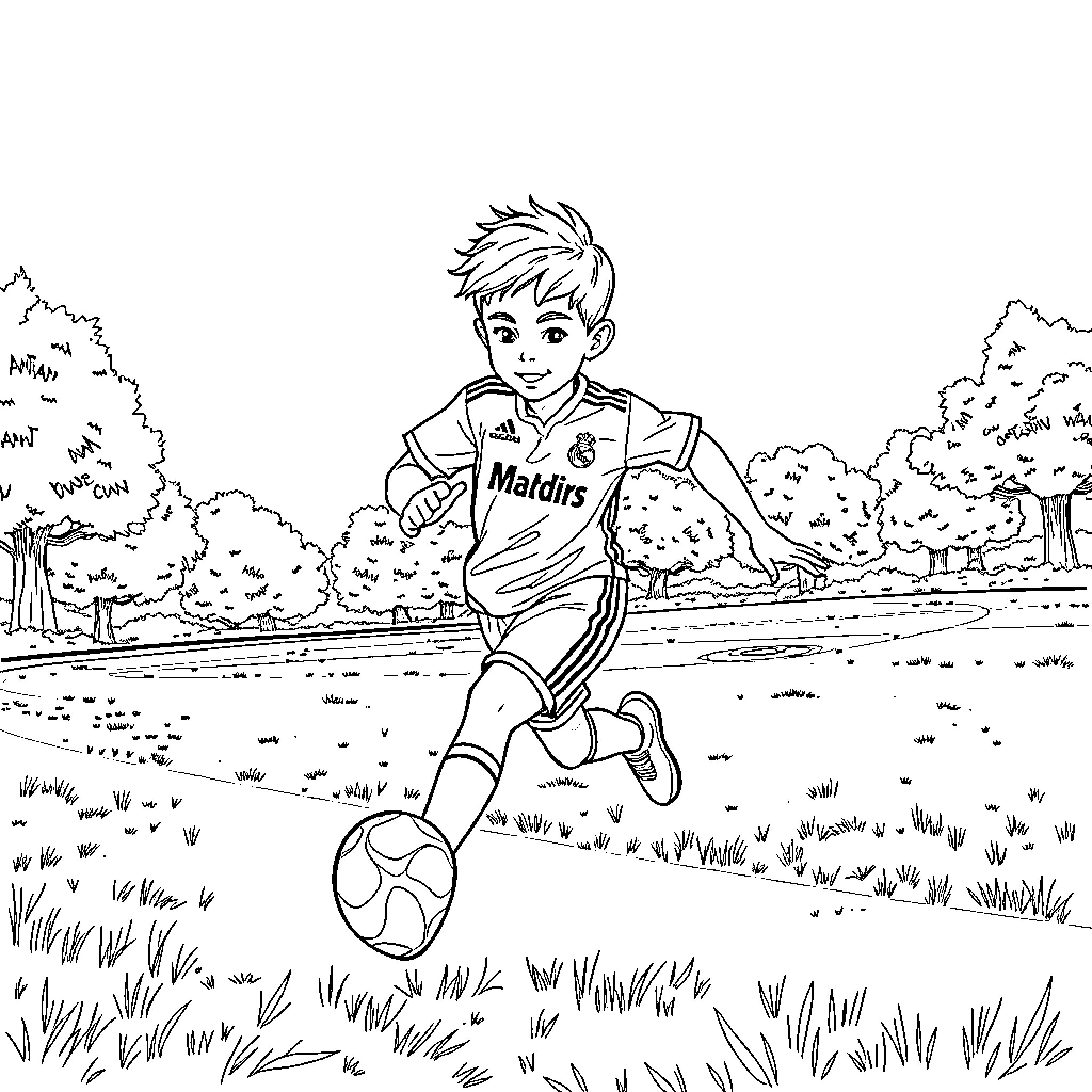 Niño playing soccer in the park Coloring Page (free black-and-white line drawing printable PDF for all, from beginners to advanced learners, including children, teens, adults, and seniors)