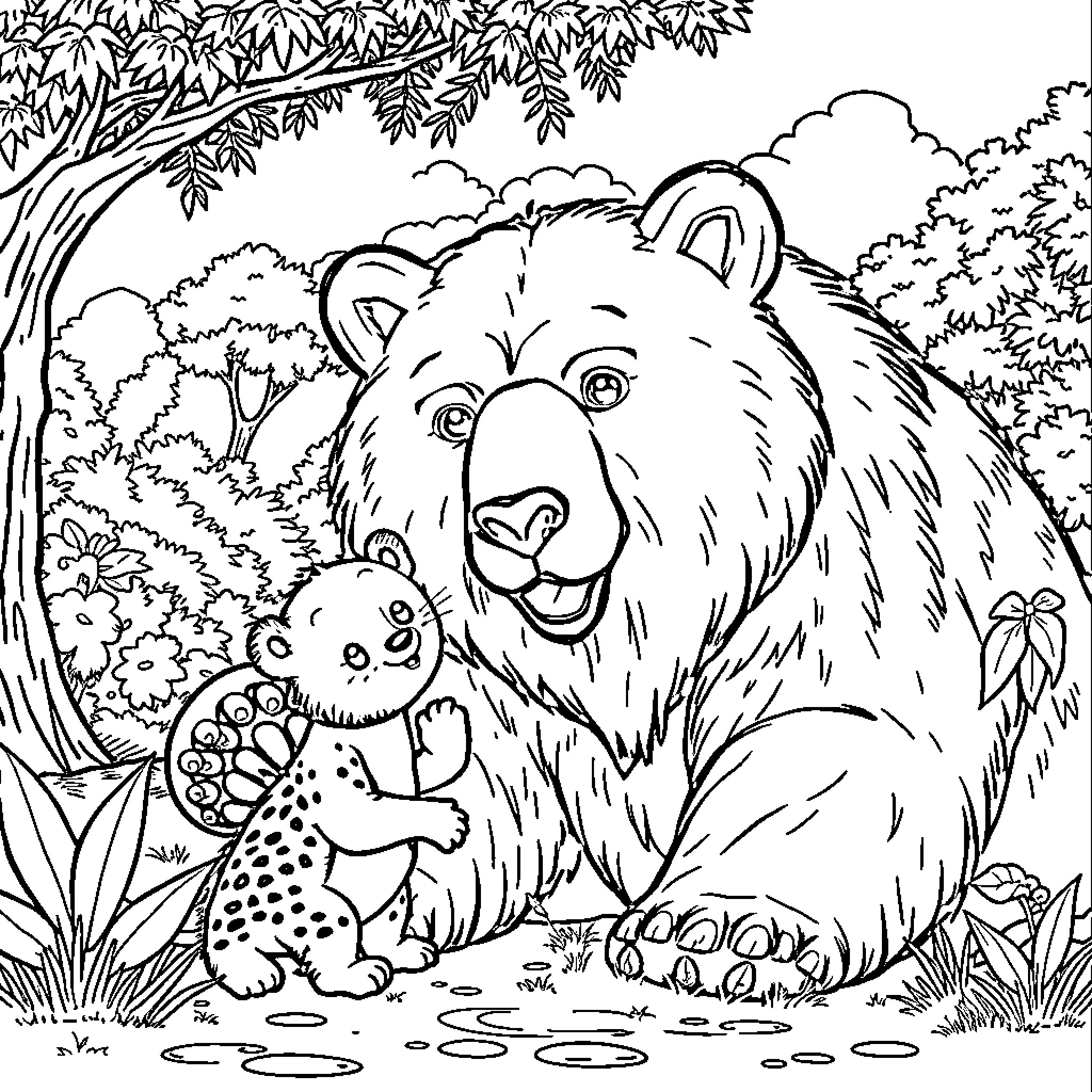 Bear family enjoying a peaceful moment in the forest Coloring Page (free black-and-white line drawing printable PDF for all, from beginners to advanced learners, including children, teens, adults, and seniors)