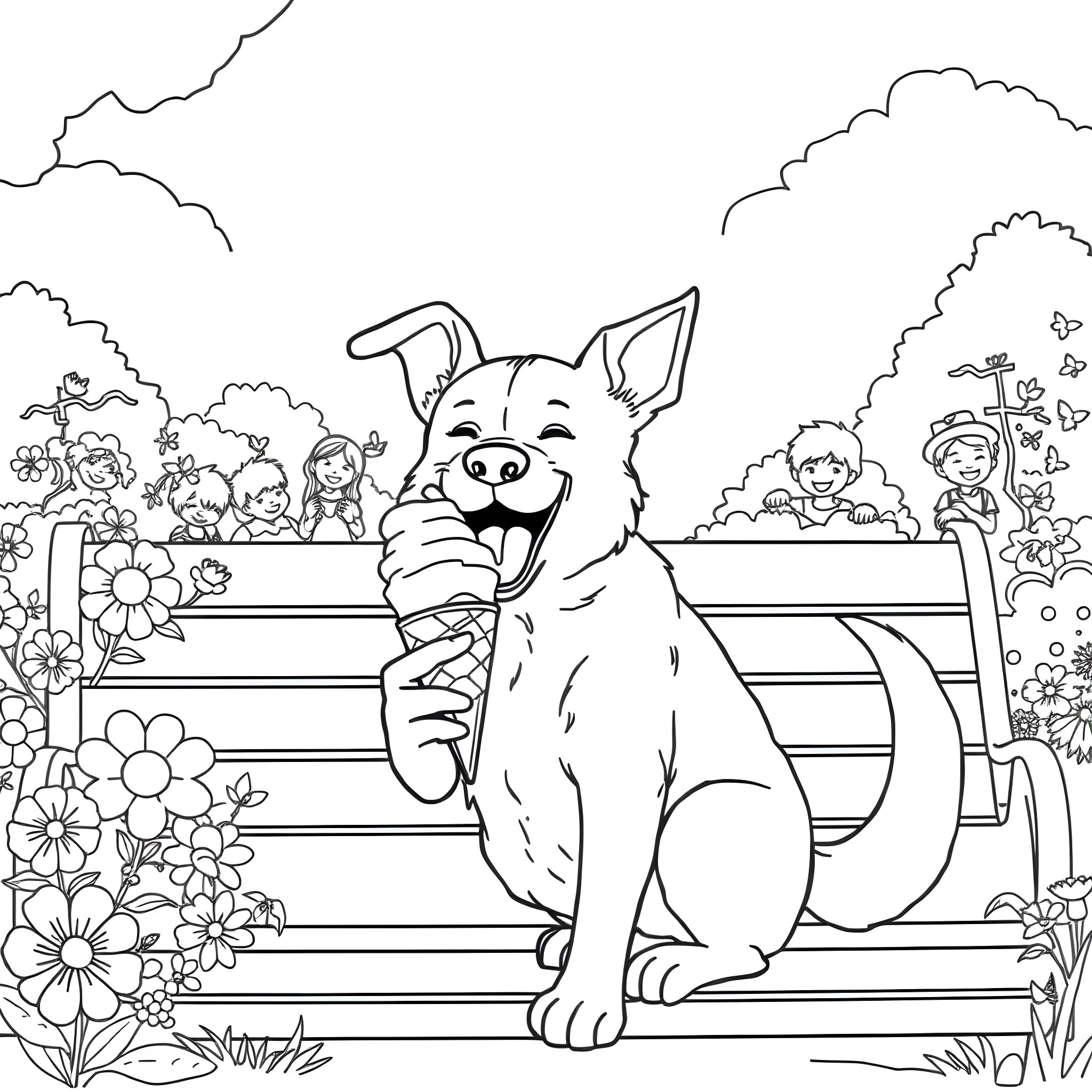 Dog sitting happily on bench surrounded by nature Coloring Page (free black-and-white line drawing printable PDF for all, from beginners to advanced learners, including children, teens, adults, and seniors)