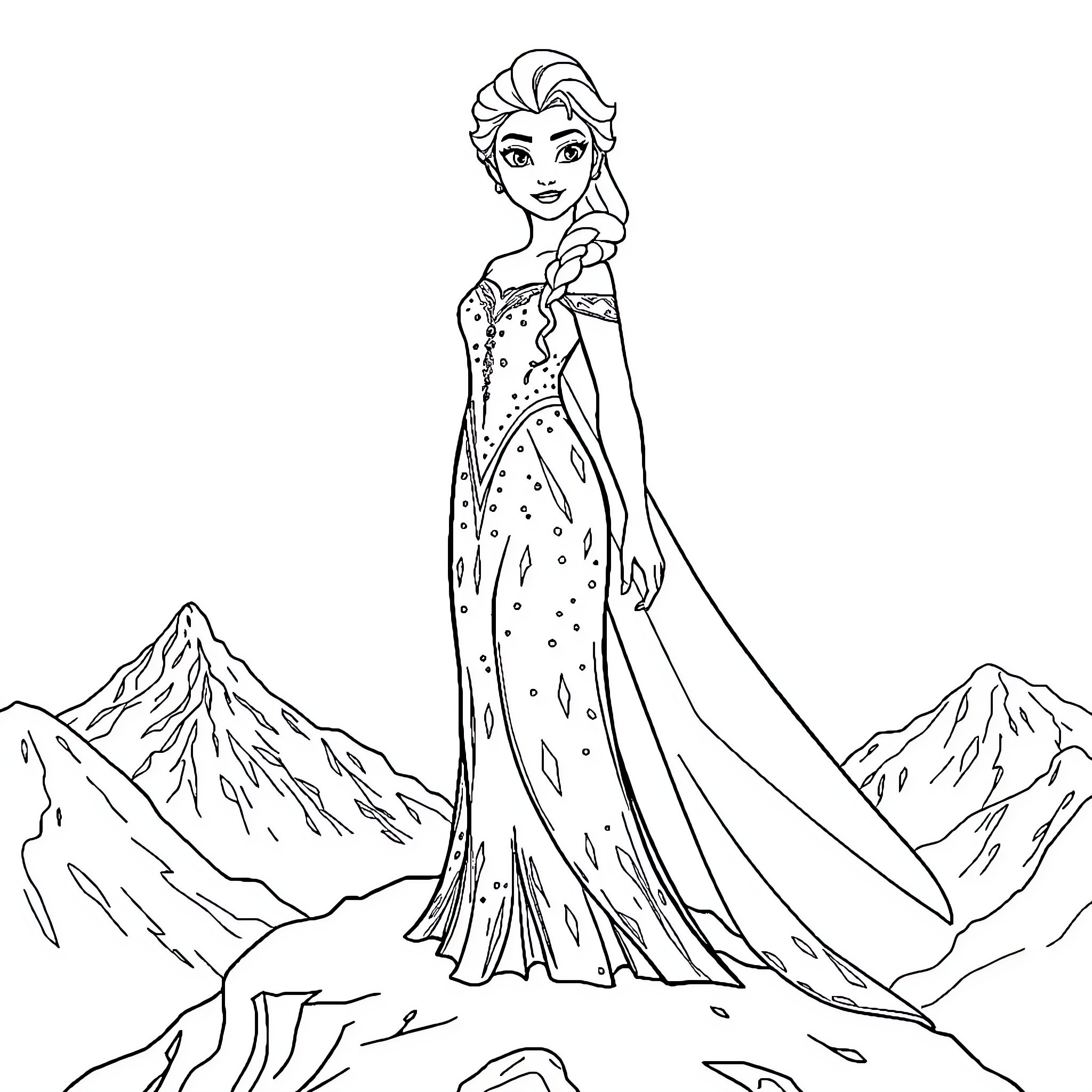 Elsa in Enchanting Winter Wonderland Coloring Page (free black-and-white line drawing printable PDF for all, from beginners to advanced learners, including children, teens, adults, and seniors)