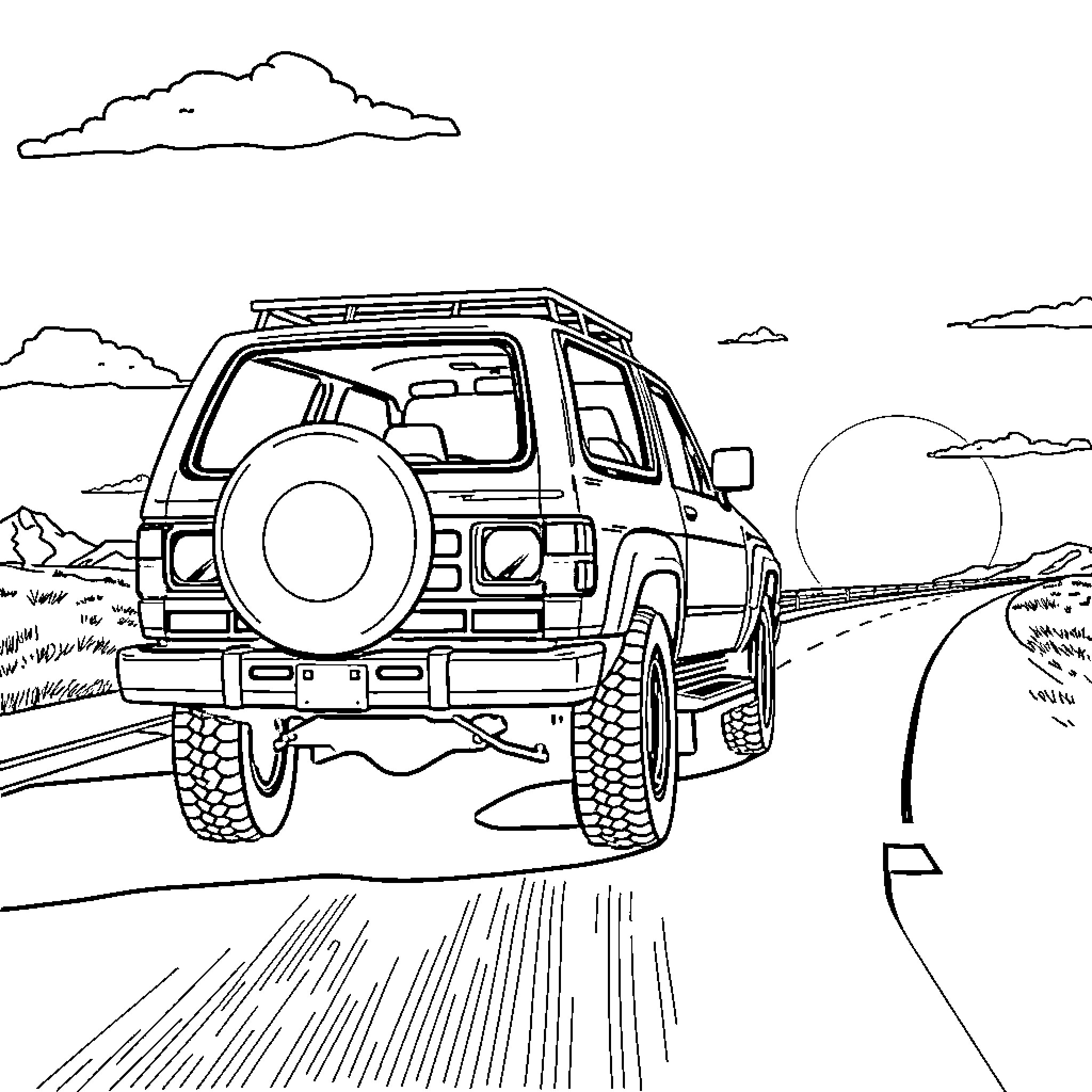 Toyota 4Runner off-roading through scenic landscape Coloring Page (free black-and-white line drawing printable PDF for all, from beginners to advanced learners, including children, teens, adults, and seniors)