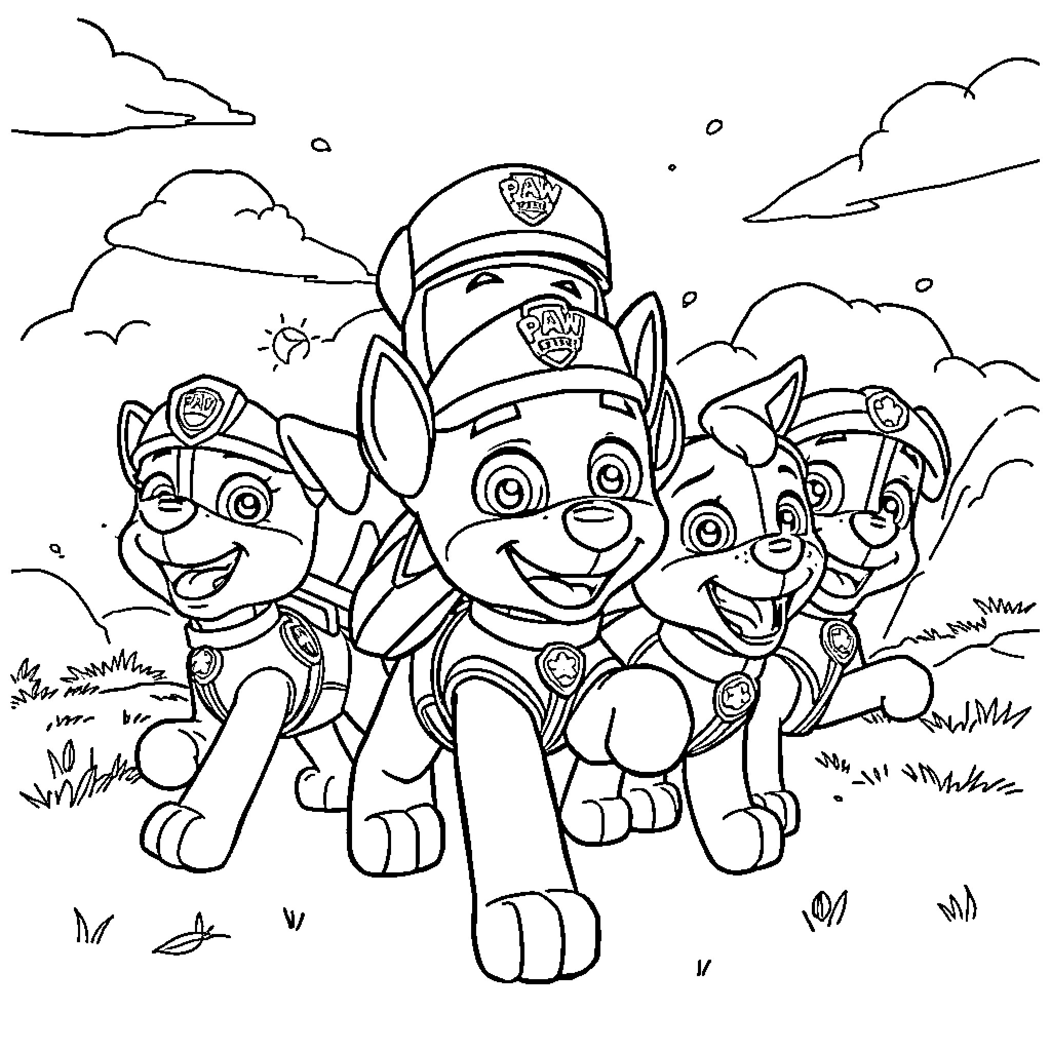 Paw Patrol characters enjoying outdoor adventure Coloring Page (free black-and-white line drawing printable PDF for all, from beginners to advanced learners, including children, teens, adults, and seniors)