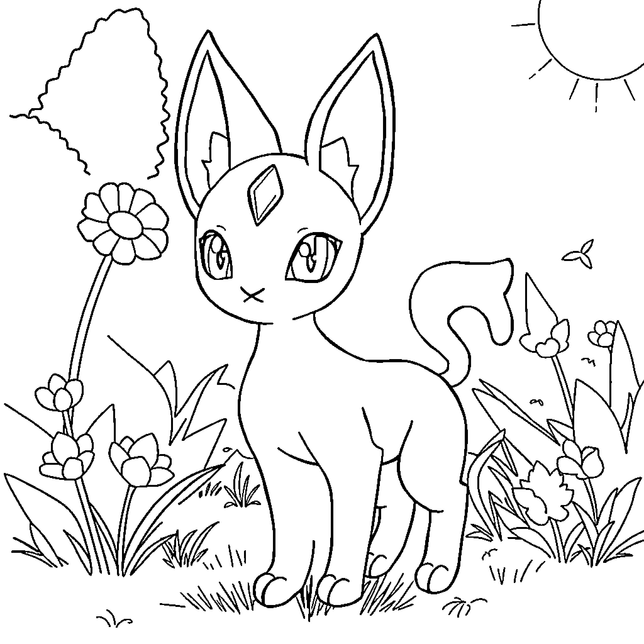 Espeon playing in a floral field Coloring Page (free black-and-white line drawing printable PDF for all, from beginners to advanced learners, including children, teens, adults, and seniors)