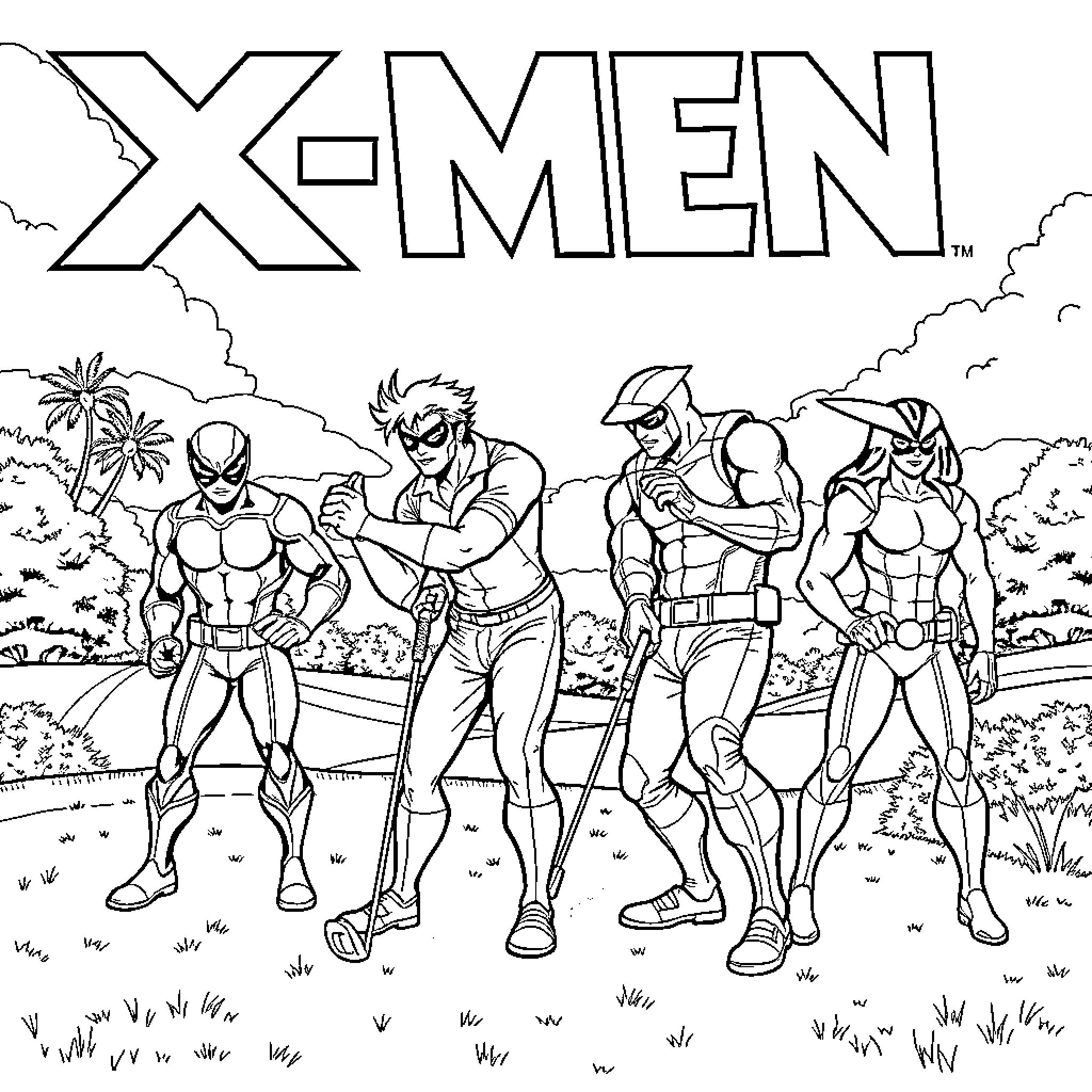 X-Men heroes in action posing in a tropical setting Coloring Page (free black-and-white line drawing printable PDF for all, from beginners to advanced learners, including children, teens, adults, and seniors)