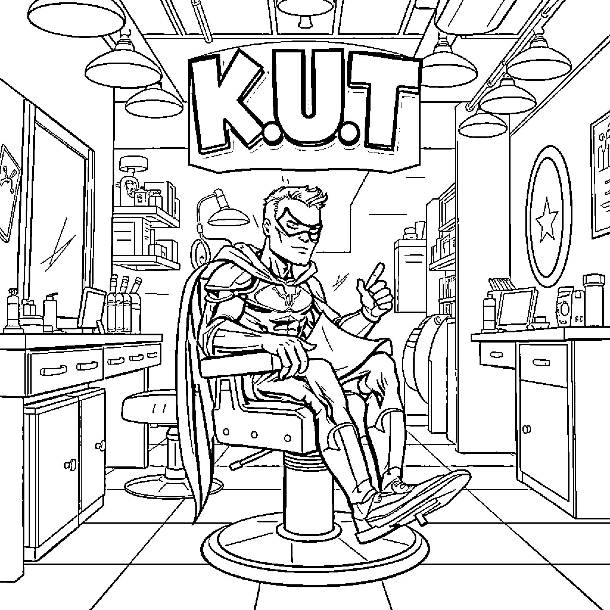 Superhero relaxing in his secret hideout Coloring Page (free black-and-white line drawing printable PDF for all, from beginners to advanced learners, including children, teens, adults, and seniors)