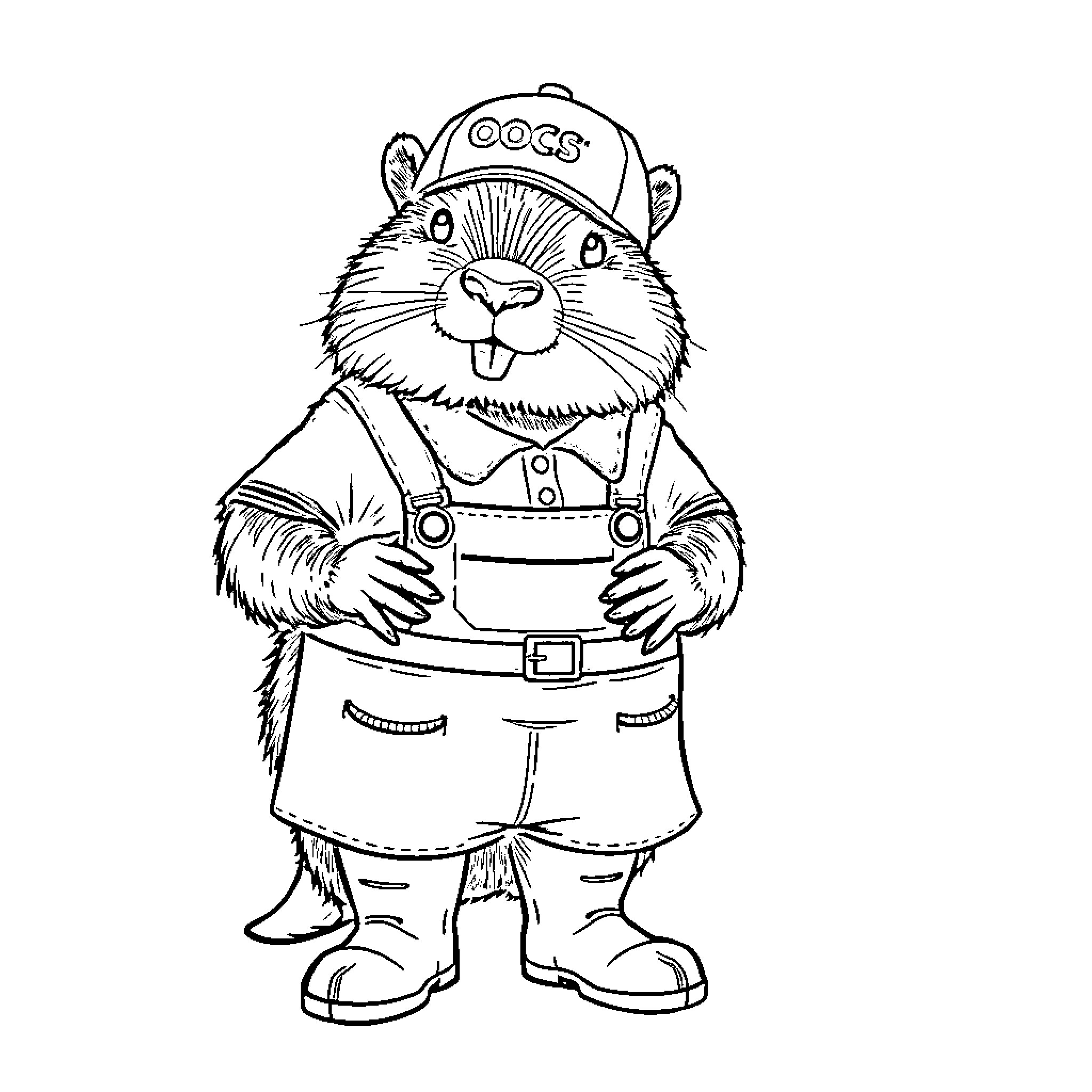 Beaver worker in overalls and cap Coloring Page (free black-and-white line drawing printable PDF for all, from beginners to advanced learners, including children, teens, adults, and seniors)