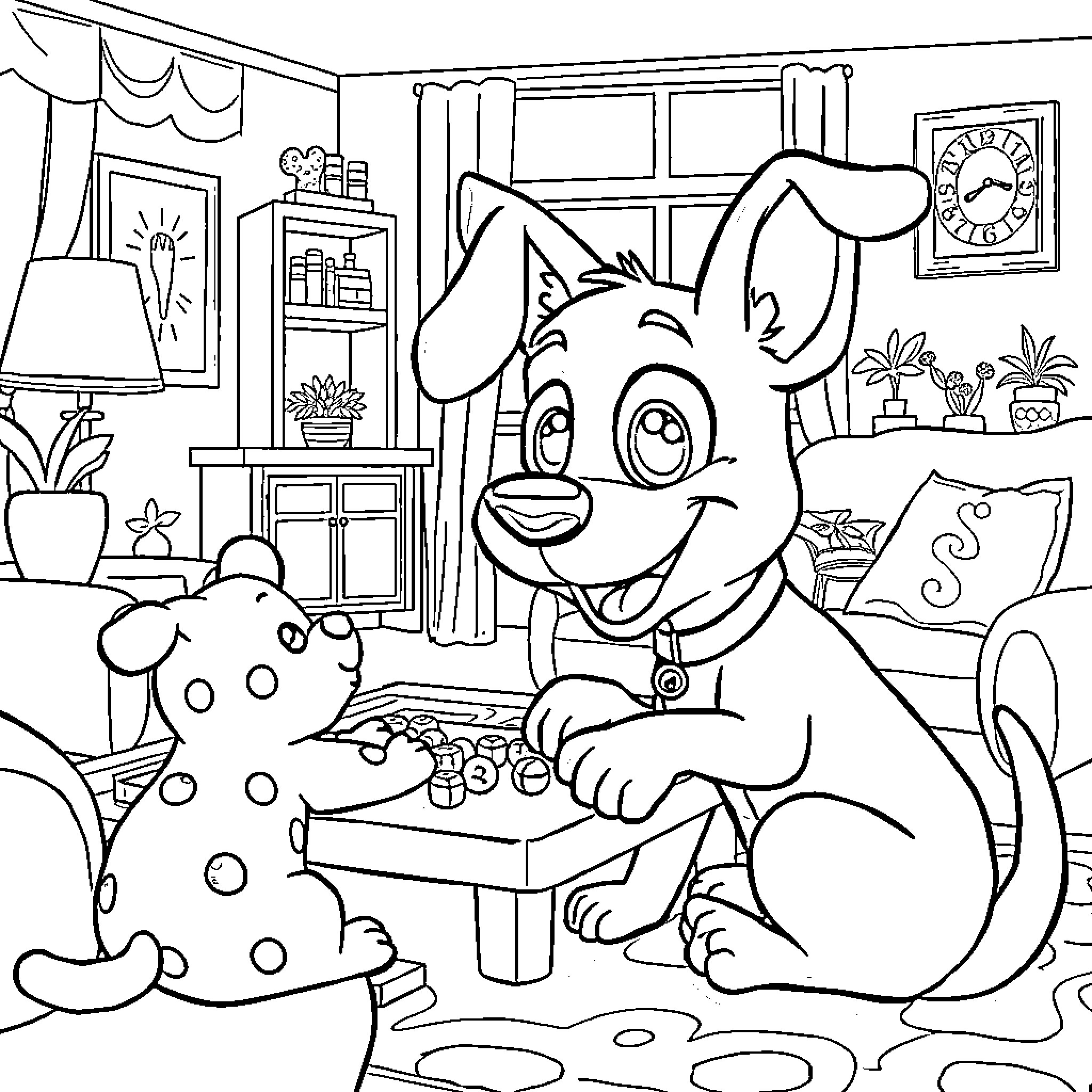 Bluey playing with toy in cozy home Coloring Page (free black-and-white line drawing printable PDF for all, from beginners to advanced learners, including children, teens, adults, and seniors)