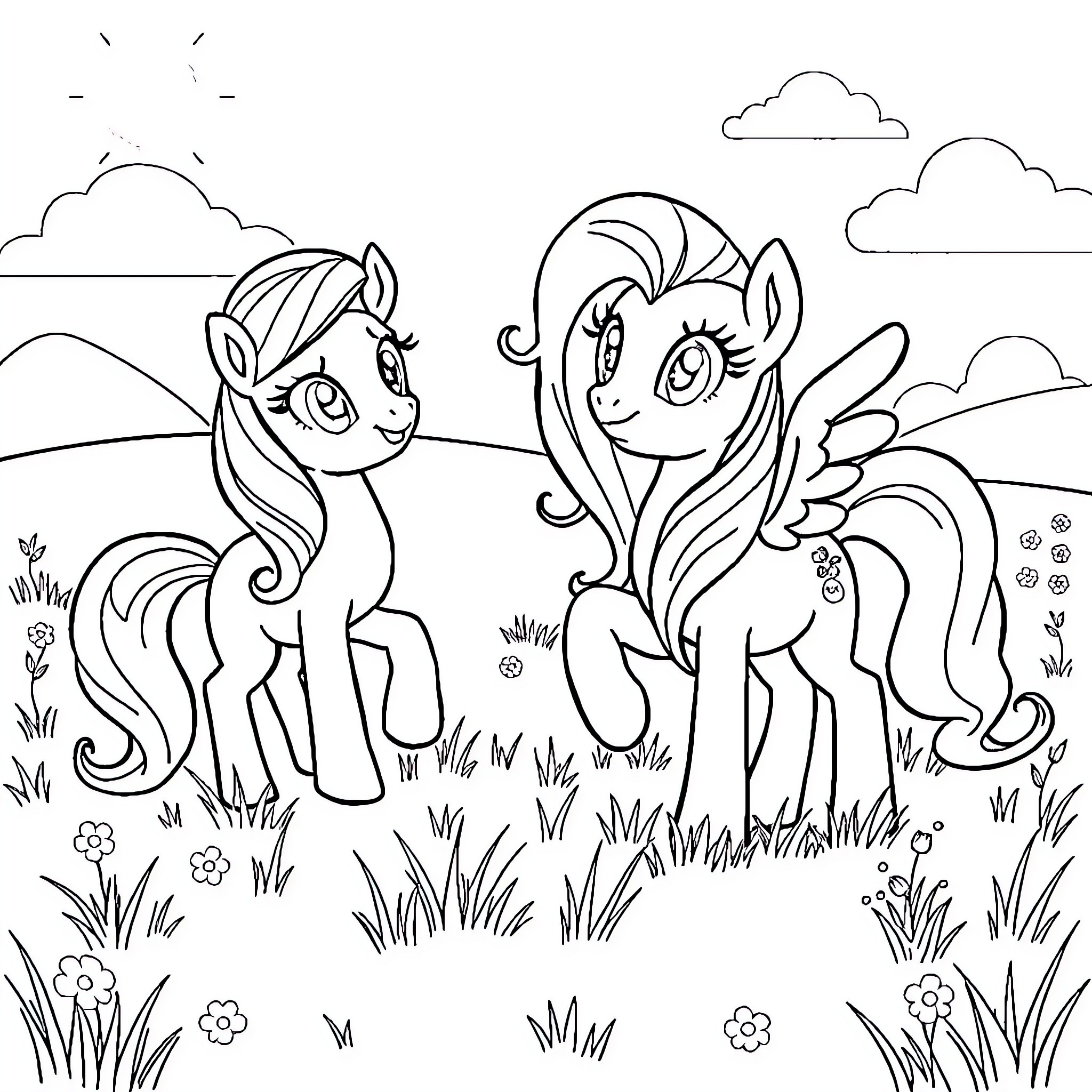 MLP friends playing in the meadow Coloring Page (free black-and-white line drawing printable PDF for all, from beginners to advanced learners, including children, teens, adults, and seniors)