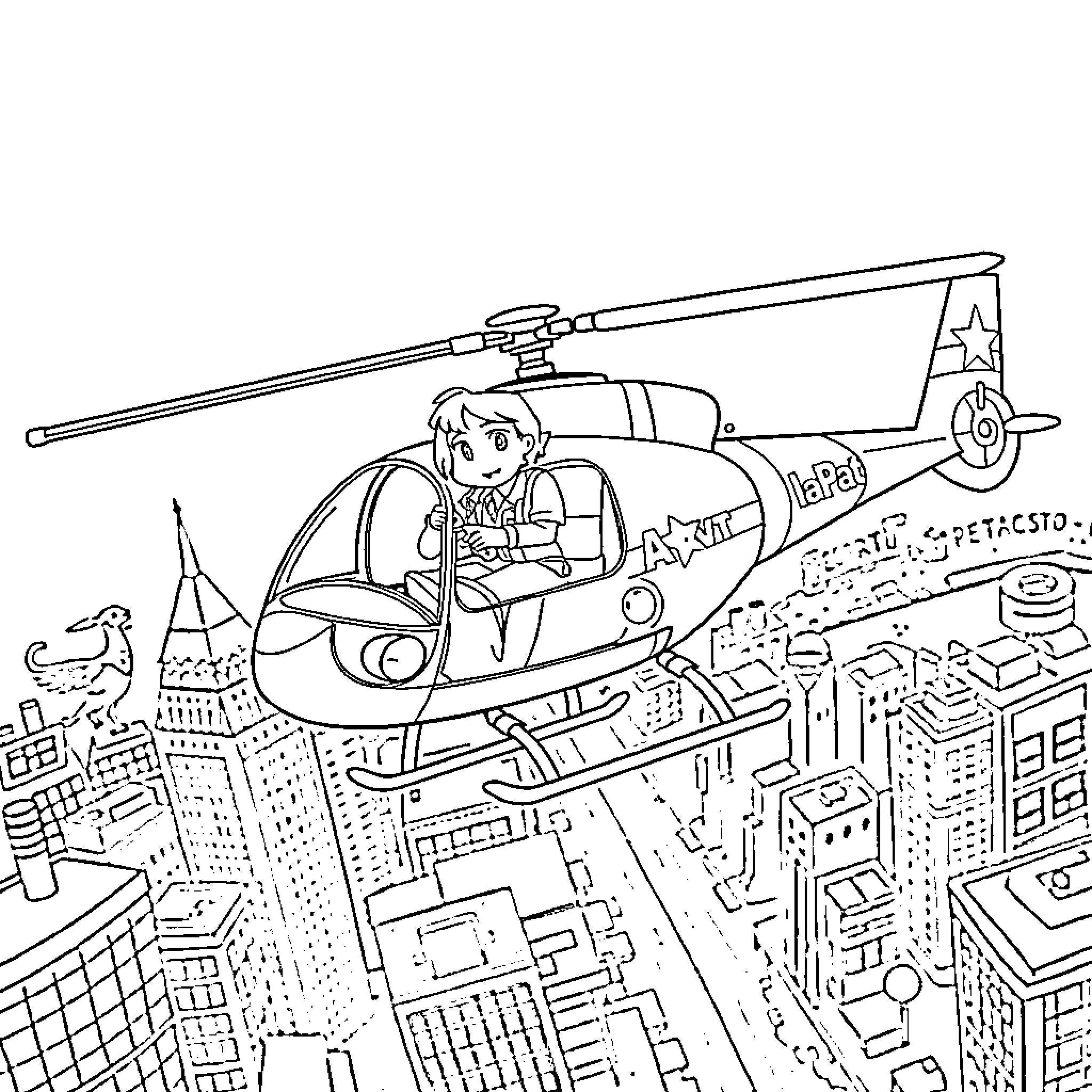 Stella's Helicopter Adventure Over the City Coloring Page (free black-and-white line drawing printable PDF for all, from beginners to advanced learners, including children, teens, adults, and seniors)