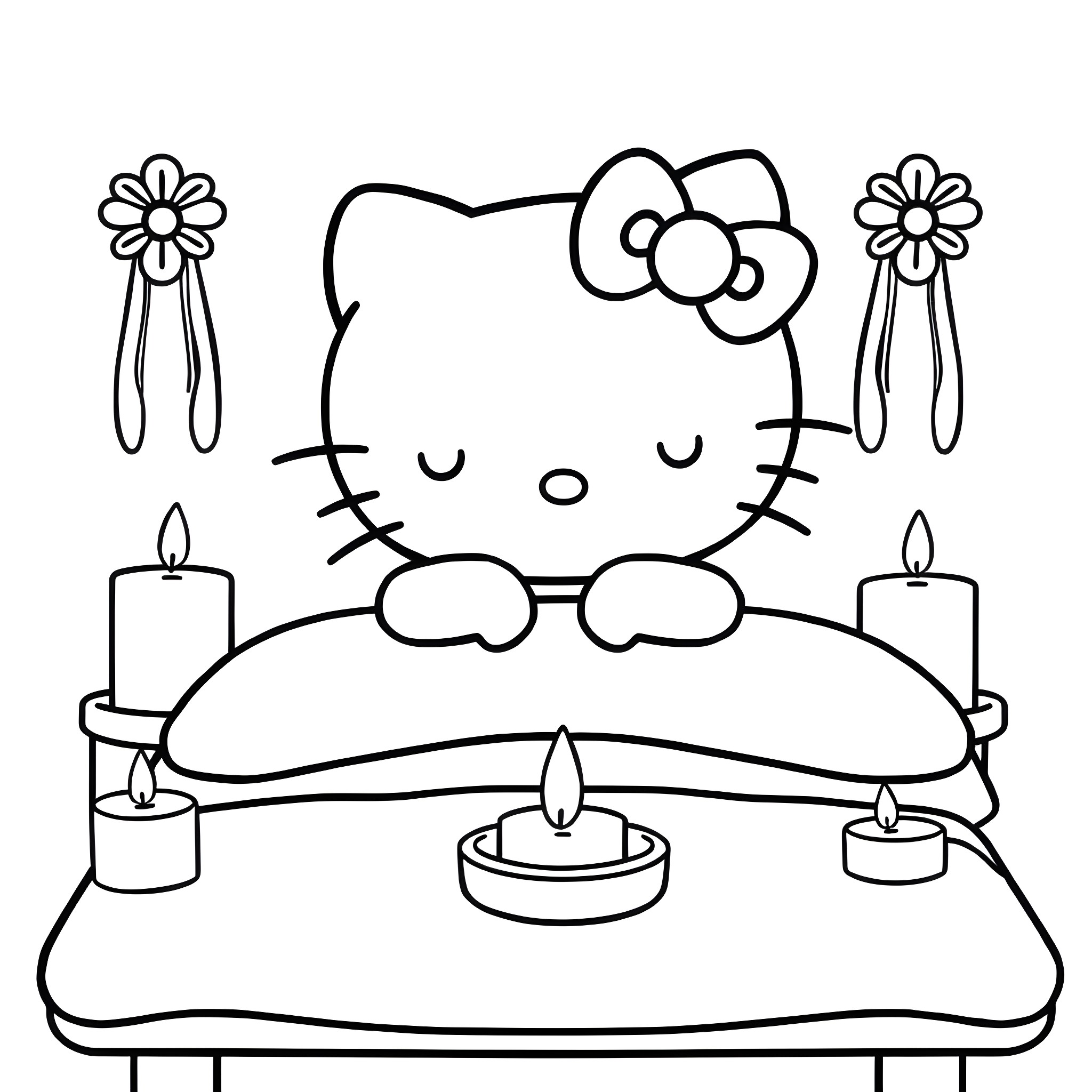 Hello Kitty resting on a couch with candles Coloring Page (free black-and-white line drawing printable PDF for all, from beginners to advanced learners, including children, teens, adults, and seniors)