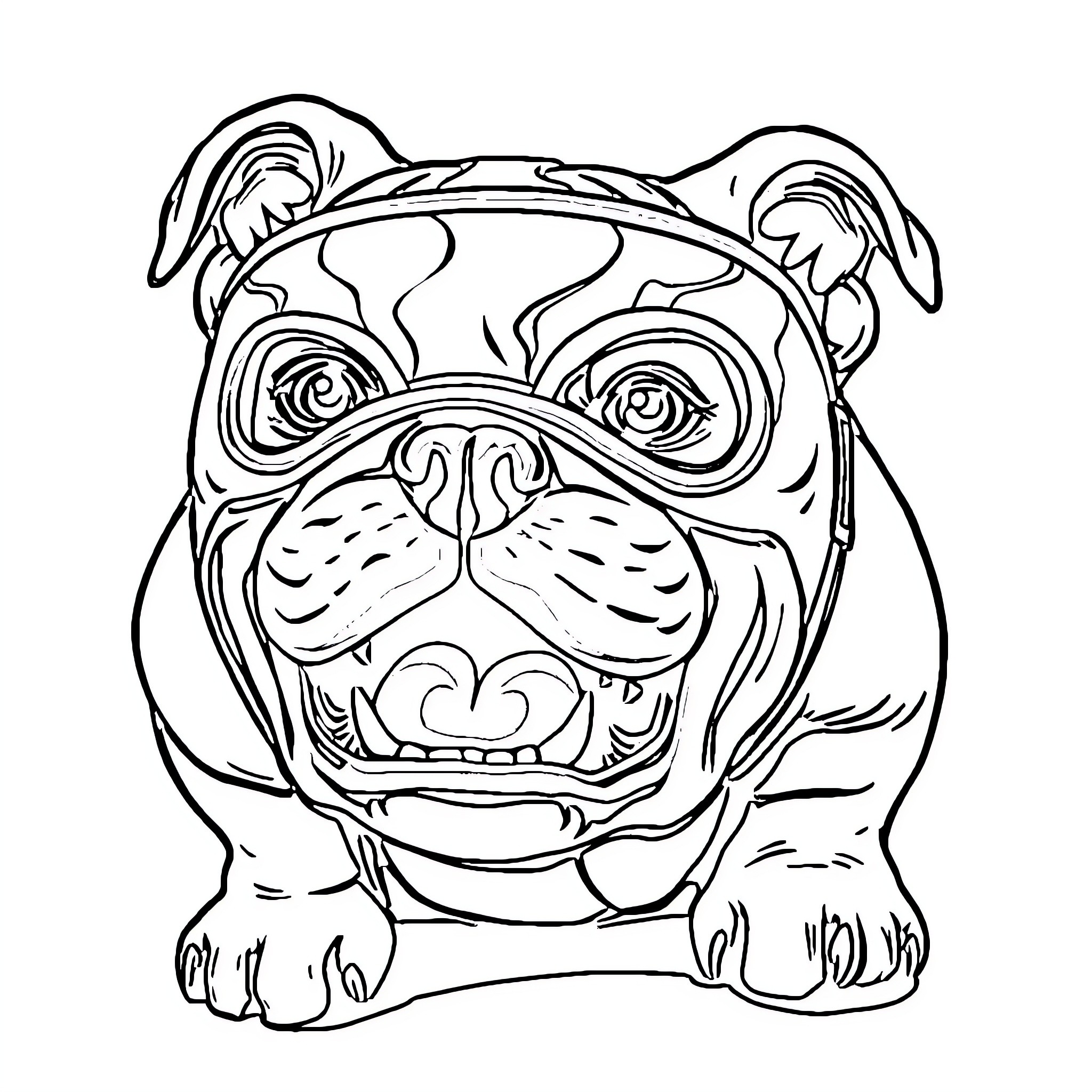 Bulldog with a Playful Expression Coloring Page (free black-and-white line drawing printable PDF for all, from beginners to advanced learners, including children, teens, adults, and seniors)