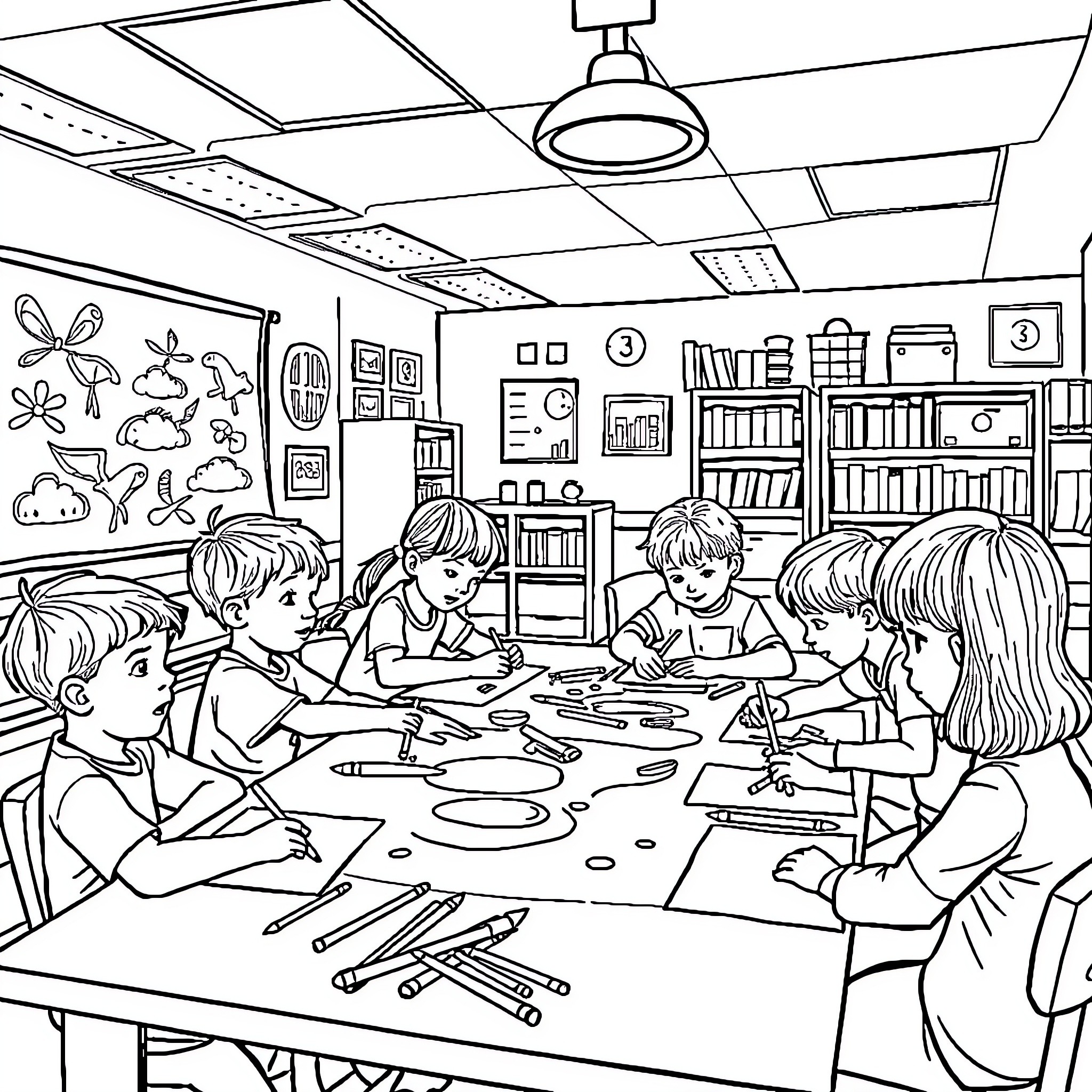 Year Classroom of Children Engaged in Artistic Activities Coloring Page (free black-and-white line drawing printable PDF for all, from beginners to advanced learners, including children, teens, adults, and seniors)