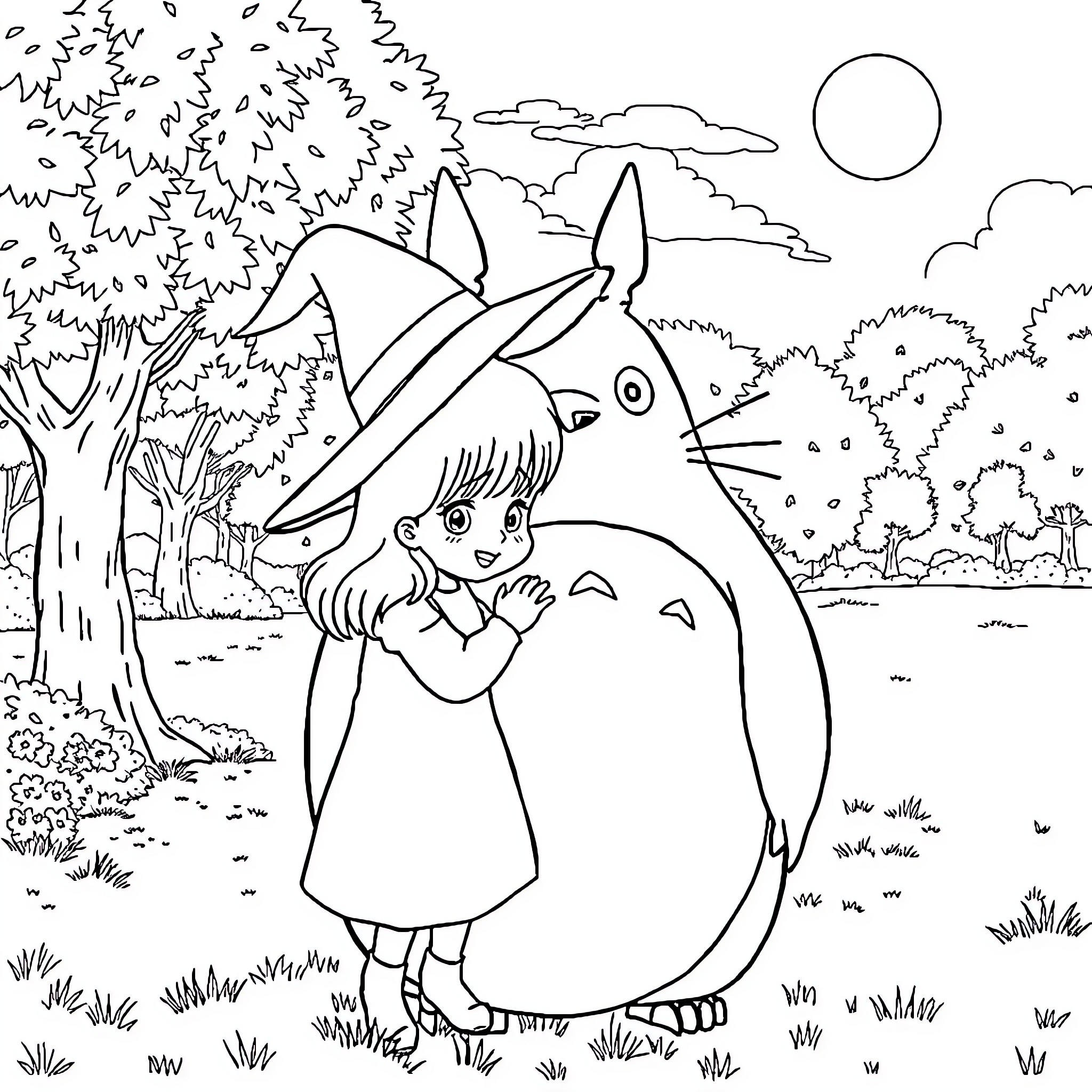 Kiki's Enchanting Adventure with Totoro in the Forest Coloring Page (free black-and-white line drawing printable PDF for all, from beginners to advanced learners, including children, teens, adults, and seniors)