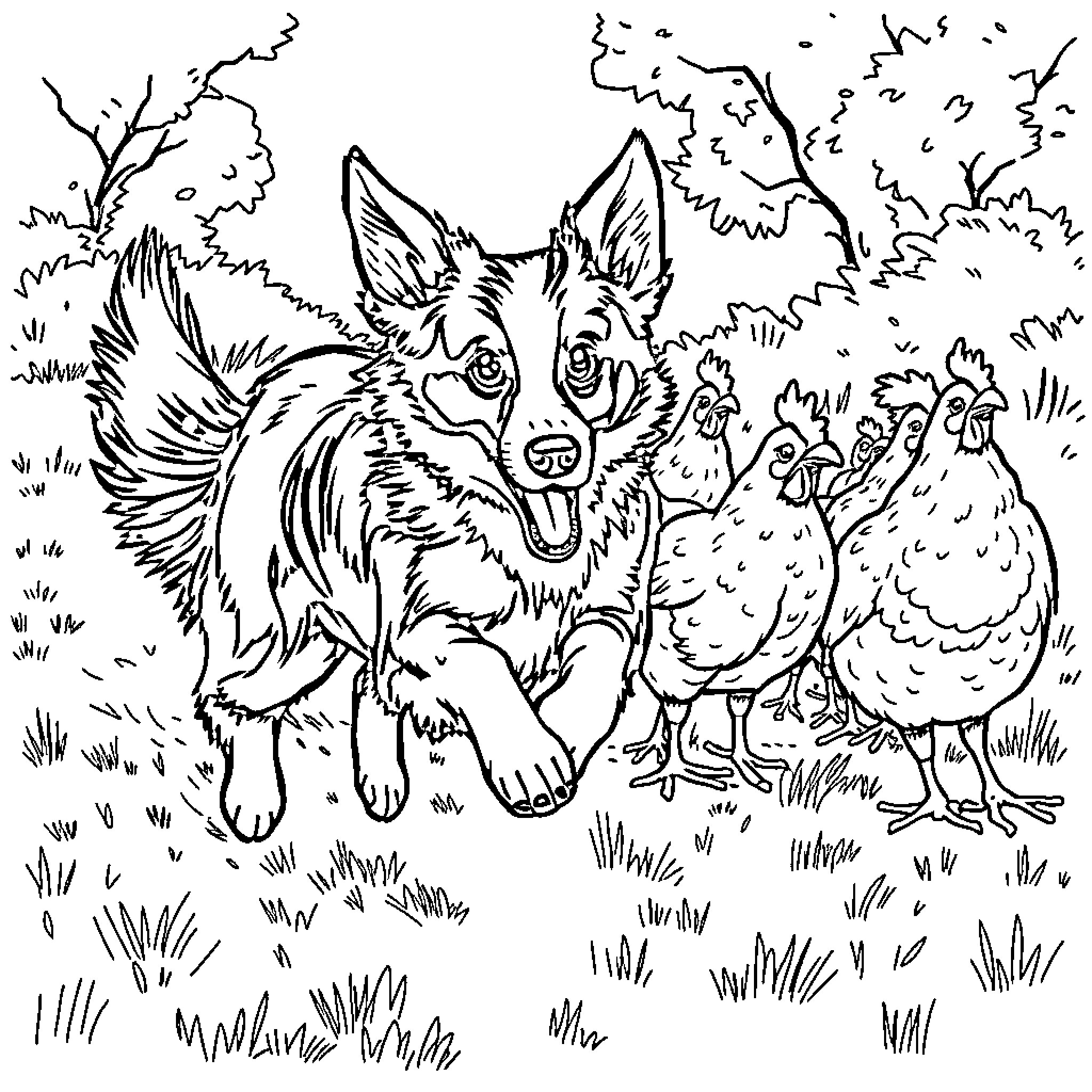 Border Collie playing with chickens in the field Coloring Page (free black-and-white line drawing printable PDF for all, from beginners to advanced learners, including children, teens, adults, and seniors)