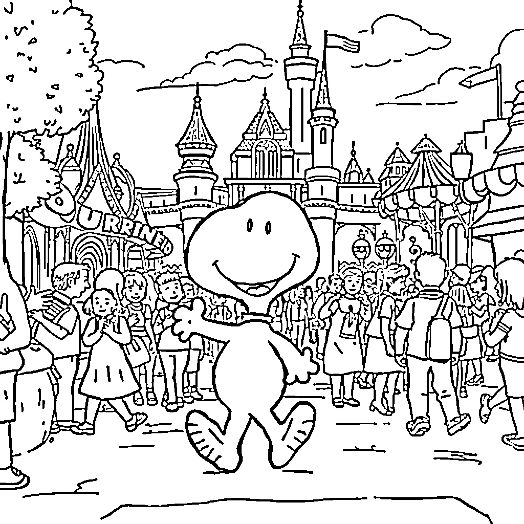 Snoopy's Whimsical Adventure at the Magical Castle Coloring Page (free black-and-white line drawing printable PDF for all, from beginners to advanced learners, including children, teens, adults, and seniors)
