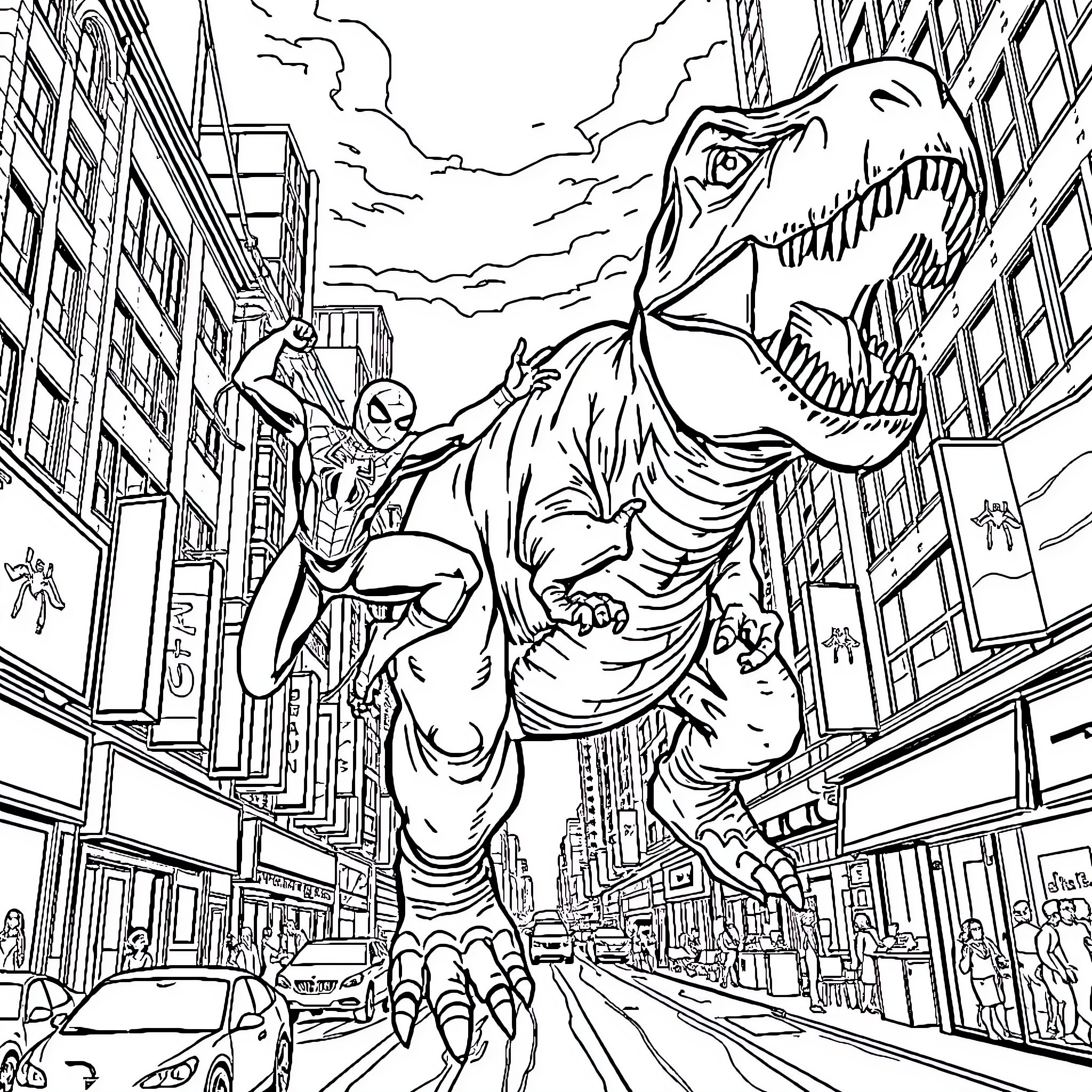 Spider-Man Battles Giant Dinosaur in City Coloring Page (free black-and-white line drawing printable PDF for all, from beginners to advanced learners, including children, teens, adults, and seniors)
