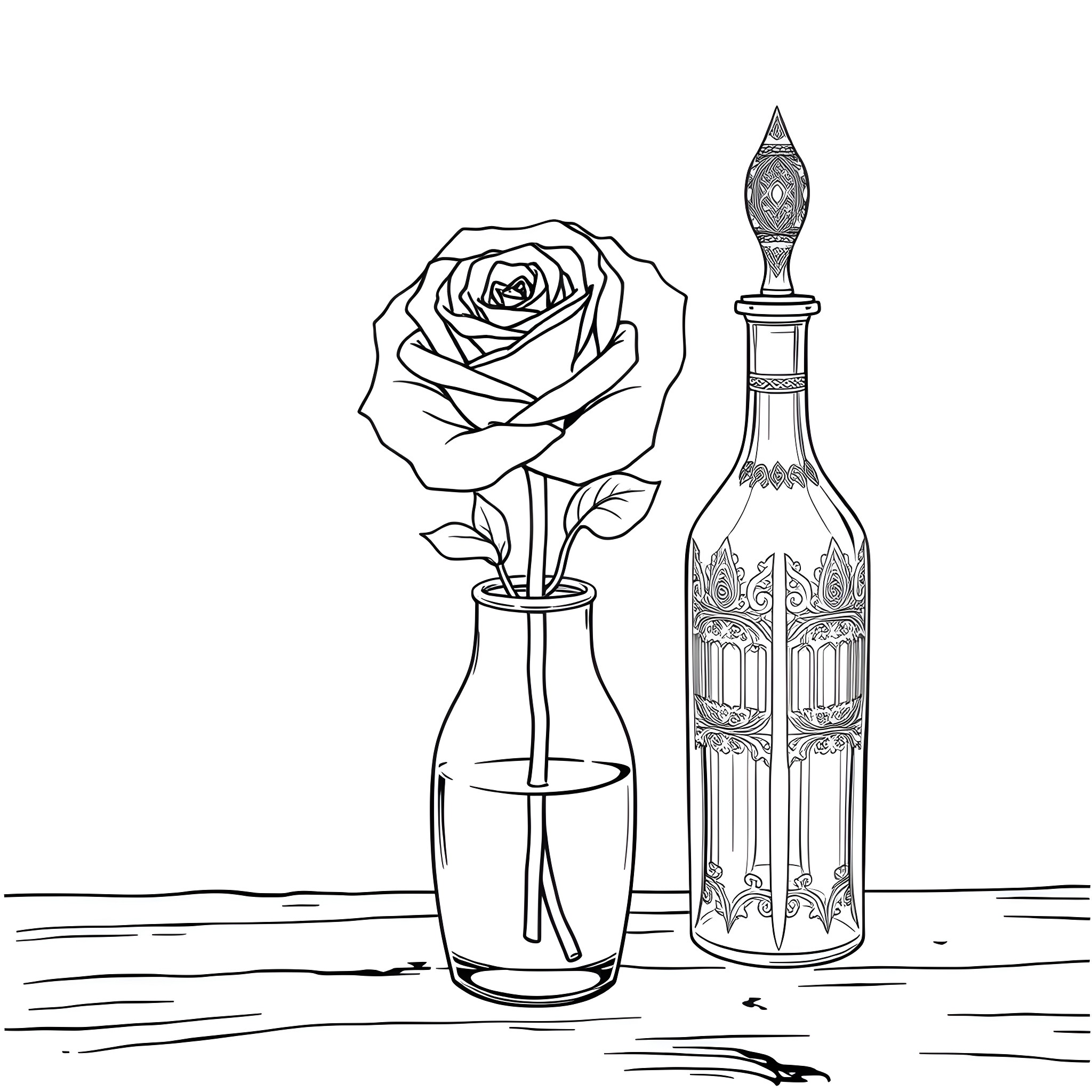Rose in a Vase with Vintage Bottle Coloring Page (free black-and-white line drawing printable PDF for all, from beginners to advanced learners, including children, teens, adults, and seniors)