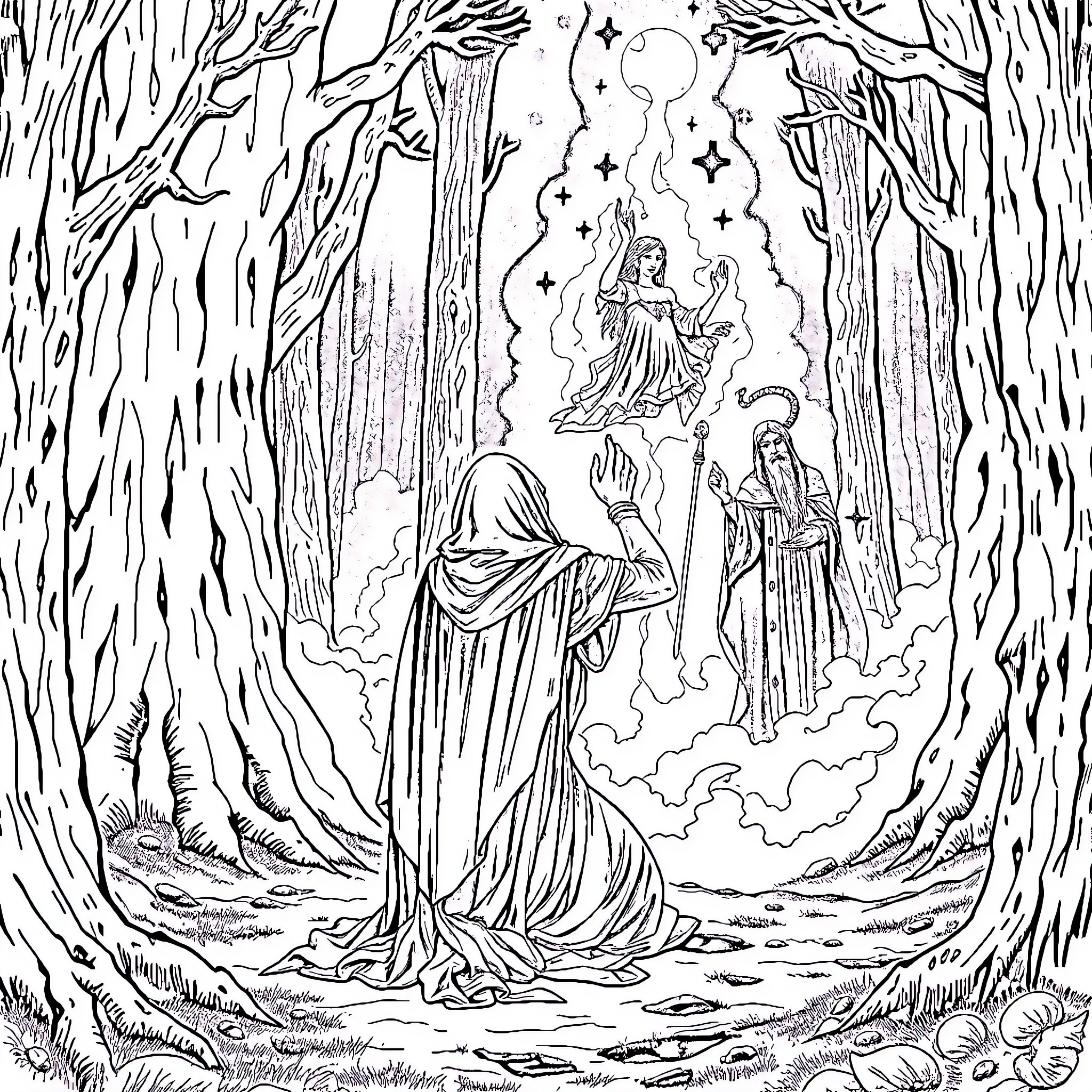 Taken in a Mystical Forest Realm Coloring Page (free black-and-white line drawing printable PDF for all, from beginners to advanced learners, including children, teens, adults, and seniors)