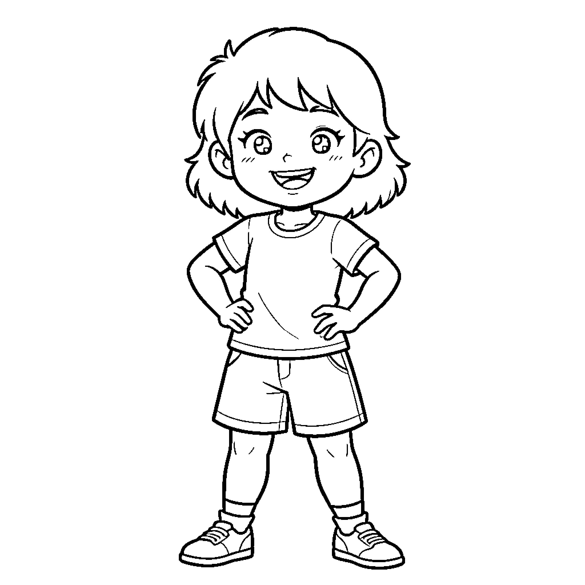 Junior girl smiling confidently with hands on hips Coloring Page (free black-and-white line drawing printable PDF for all, from beginners to advanced learners, including children, teens, adults, and seniors)