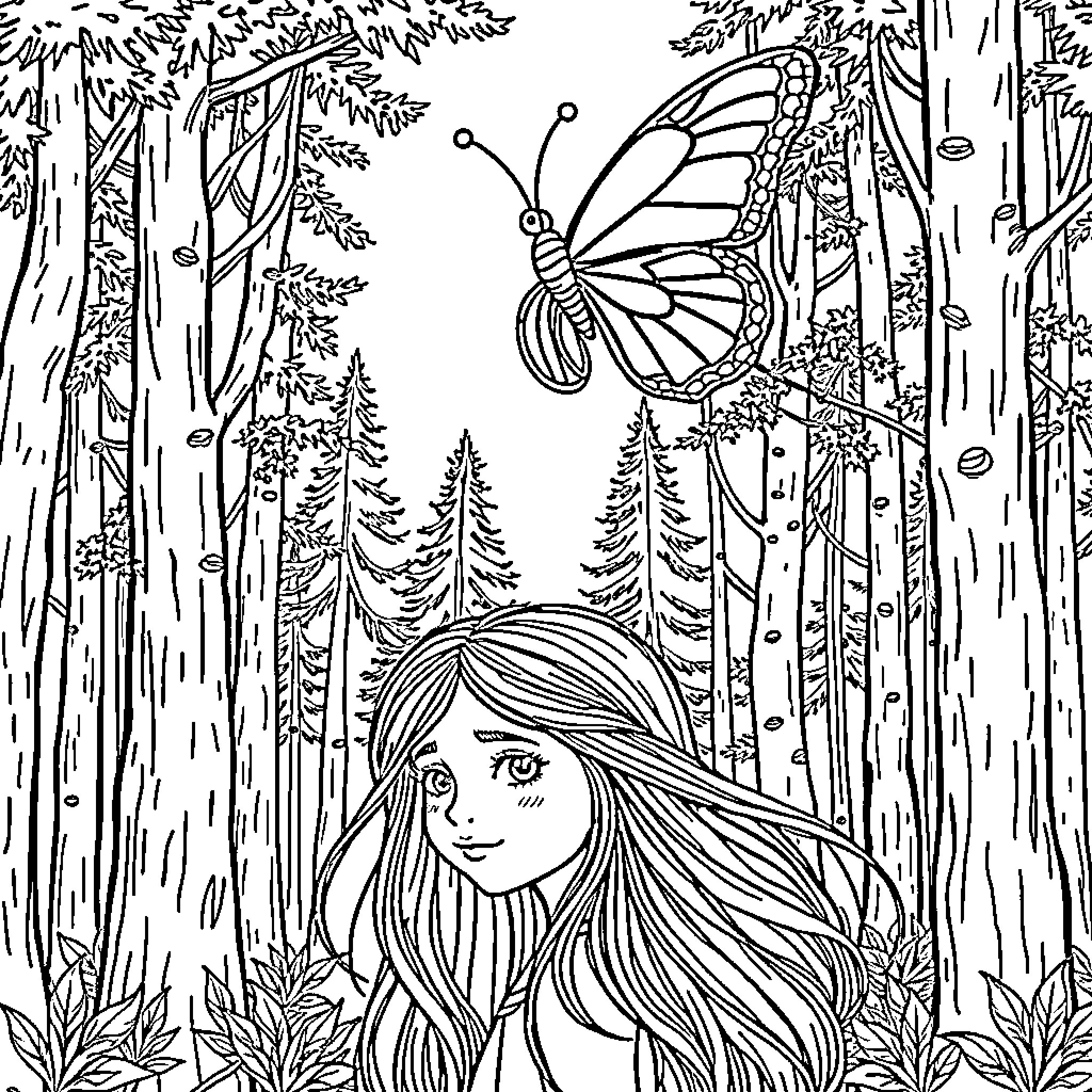Butterfly in Enchanted Forest Coloring Page (free black-and-white line drawing printable PDF for all, from beginners to advanced learners, including children, teens, adults, and seniors)