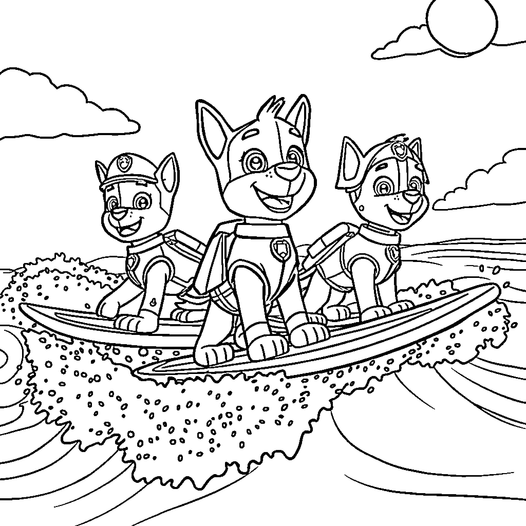 Paw Patrol team on a surf adventure Coloring Page (free black-and-white line drawing printable PDF for all, from beginners to advanced learners, including children, teens, adults, and seniors)