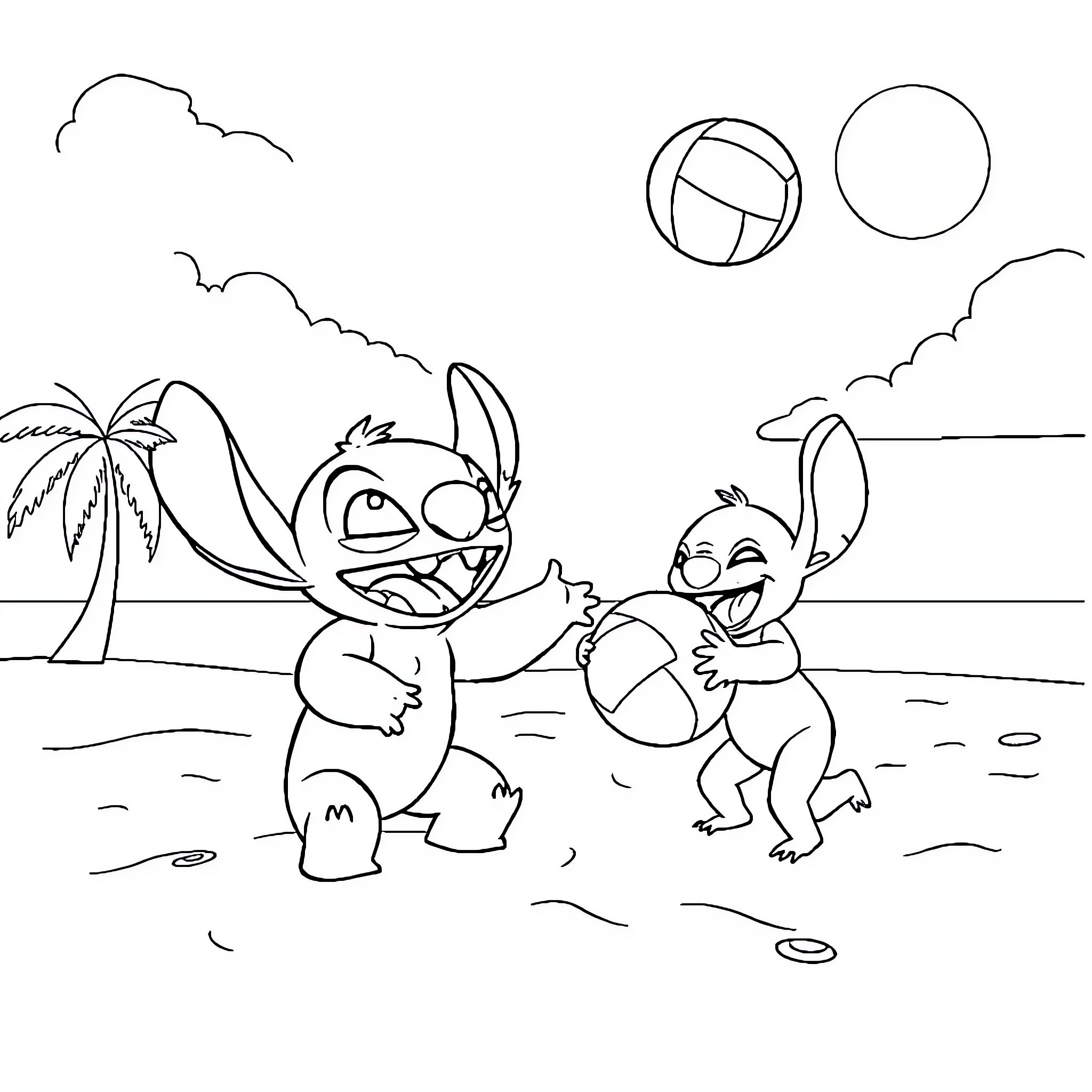 Labubu's Beach Day with Friends Coloring Page (free black-and-white line drawing printable PDF for all, from beginners to advanced learners, including children, teens, adults, and seniors)