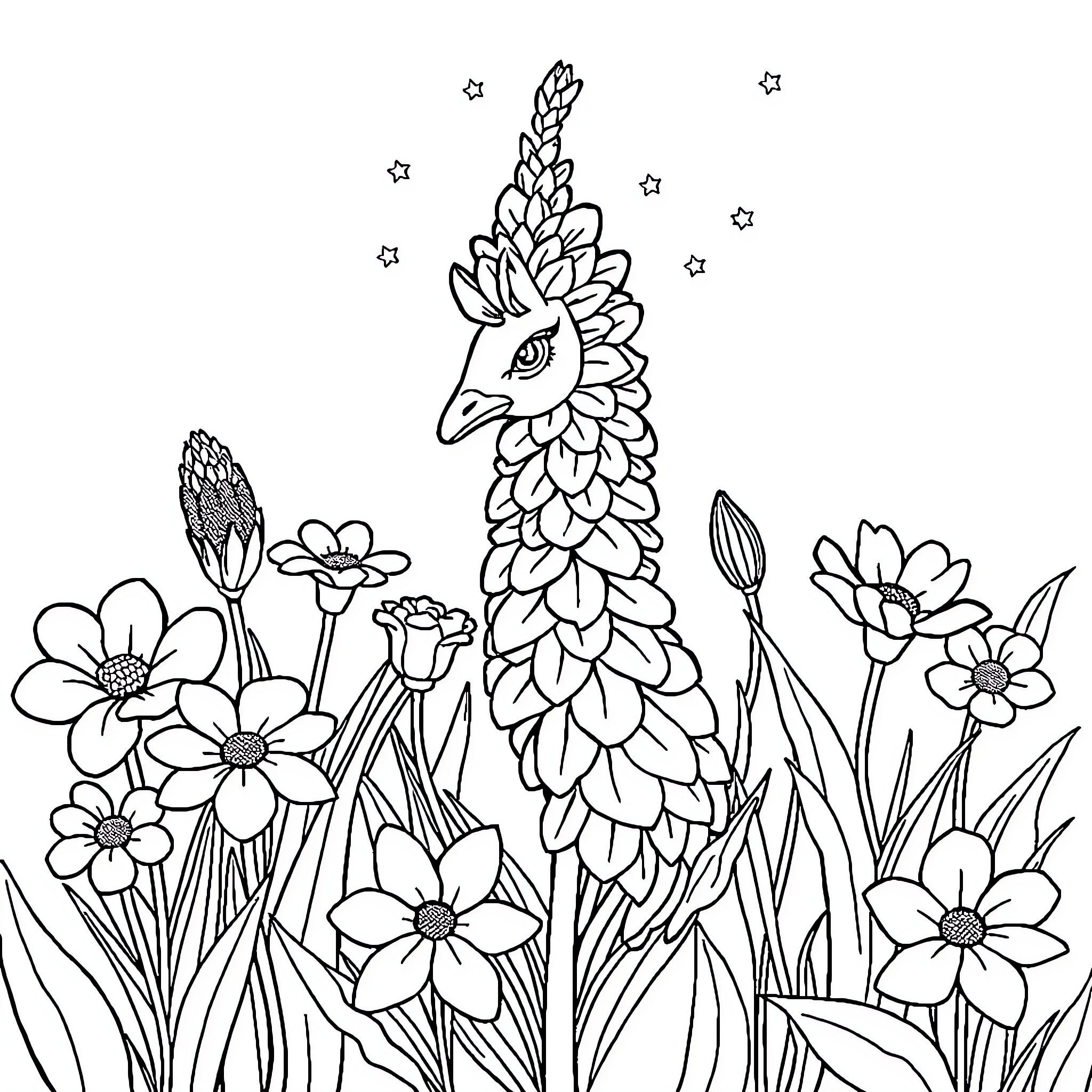 Unicorn flowers blooming amongst the stars Coloring Page (free black-and-white line drawing printable PDF for all, from beginners to advanced learners, including children, teens, adults, and seniors)