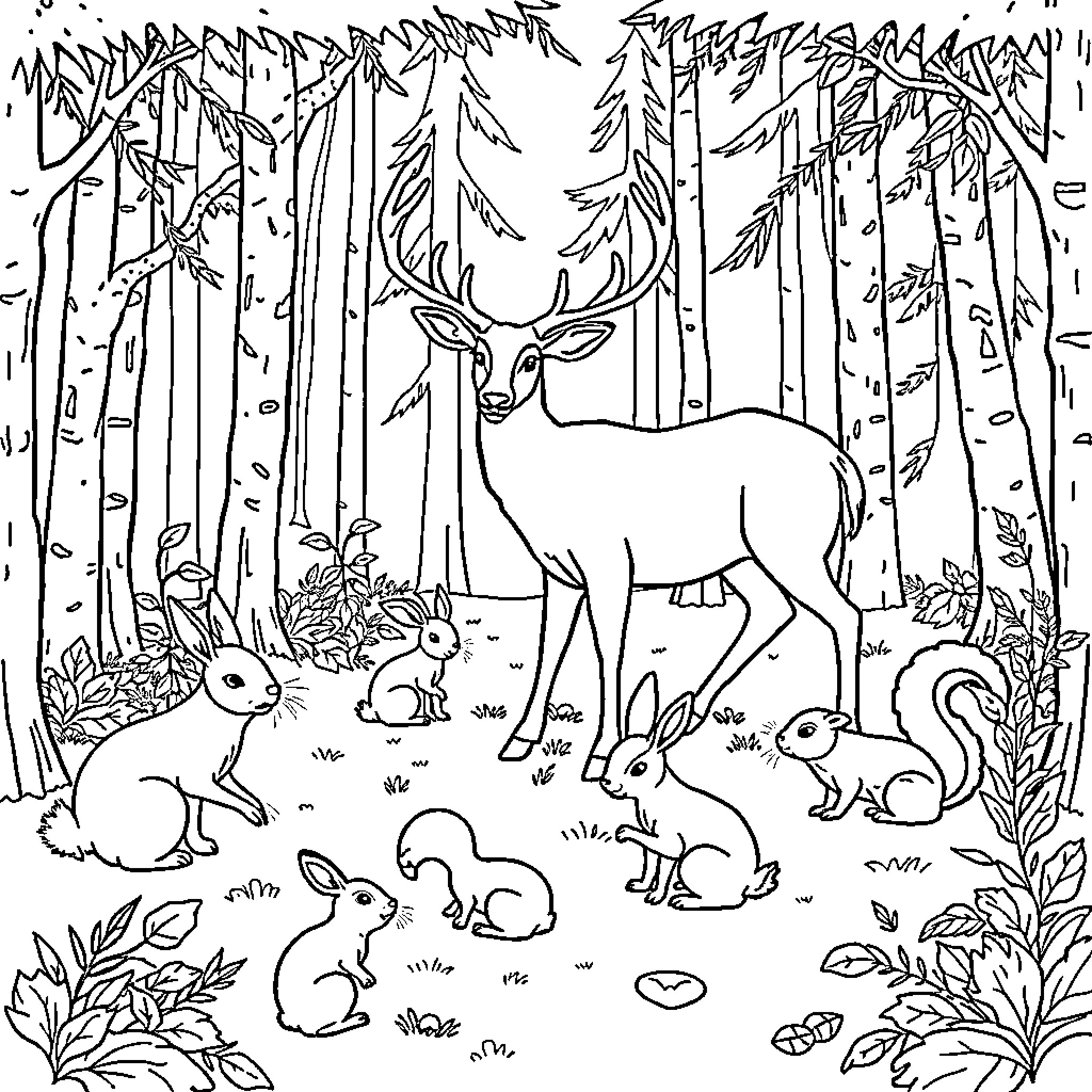 Animal in the Forested Wilderness Coloring Page (free black-and-white line drawing printable PDF for all, from beginners to advanced learners, including children, teens, adults, and seniors)