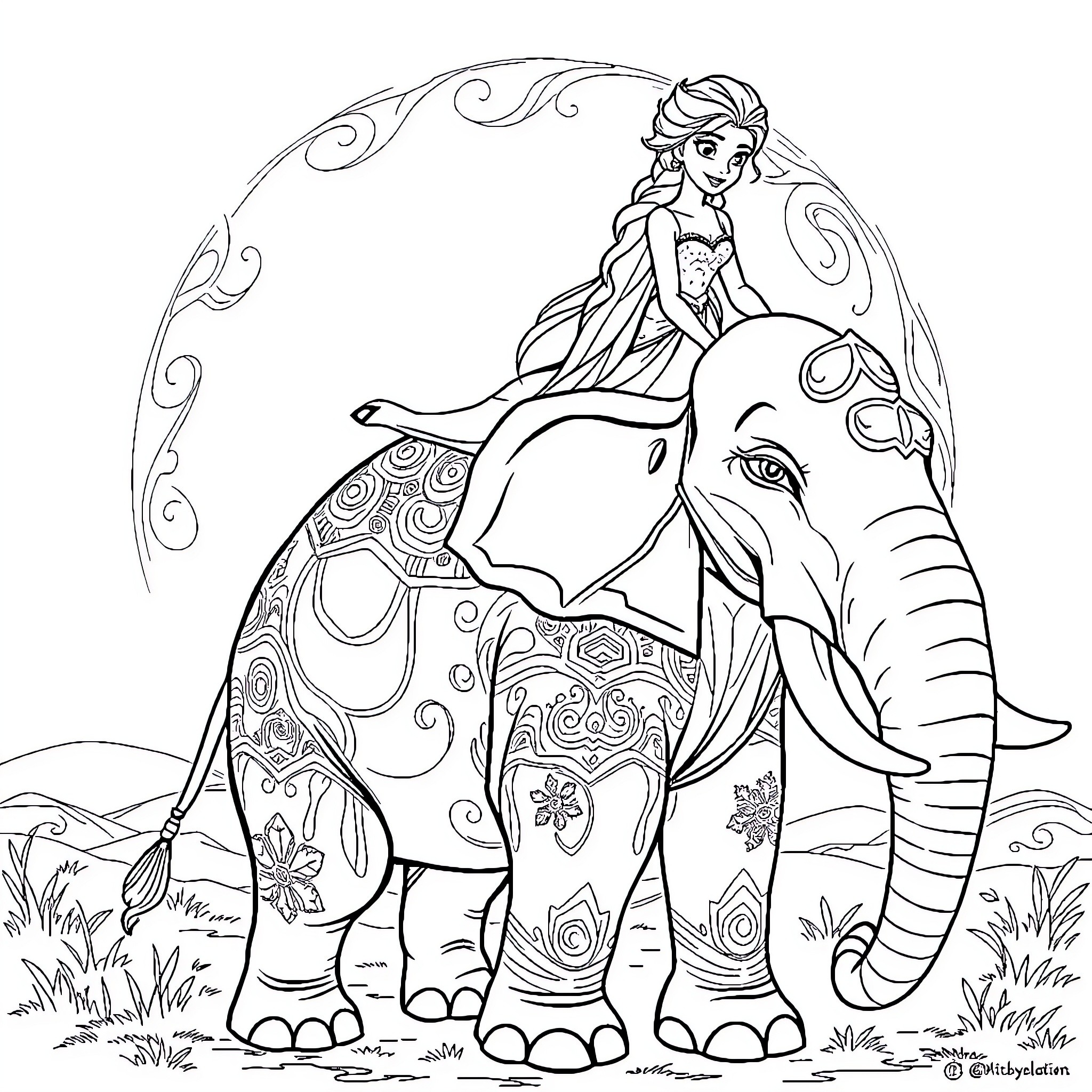 Elsa's Enchanting Ride on a Patterned Elephant Coloring Page (free black-and-white line drawing printable PDF for all, from beginners to advanced learners, including children, teens, adults, and seniors)