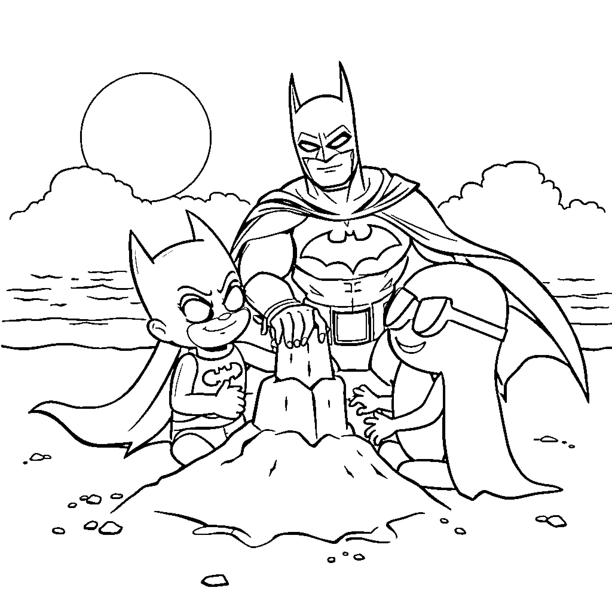 Batman and Robin Building a Sandcastle Coloring Page (free black-and-white line drawing printable PDF for all, from beginners to advanced learners, including children, teens, adults, and seniors)