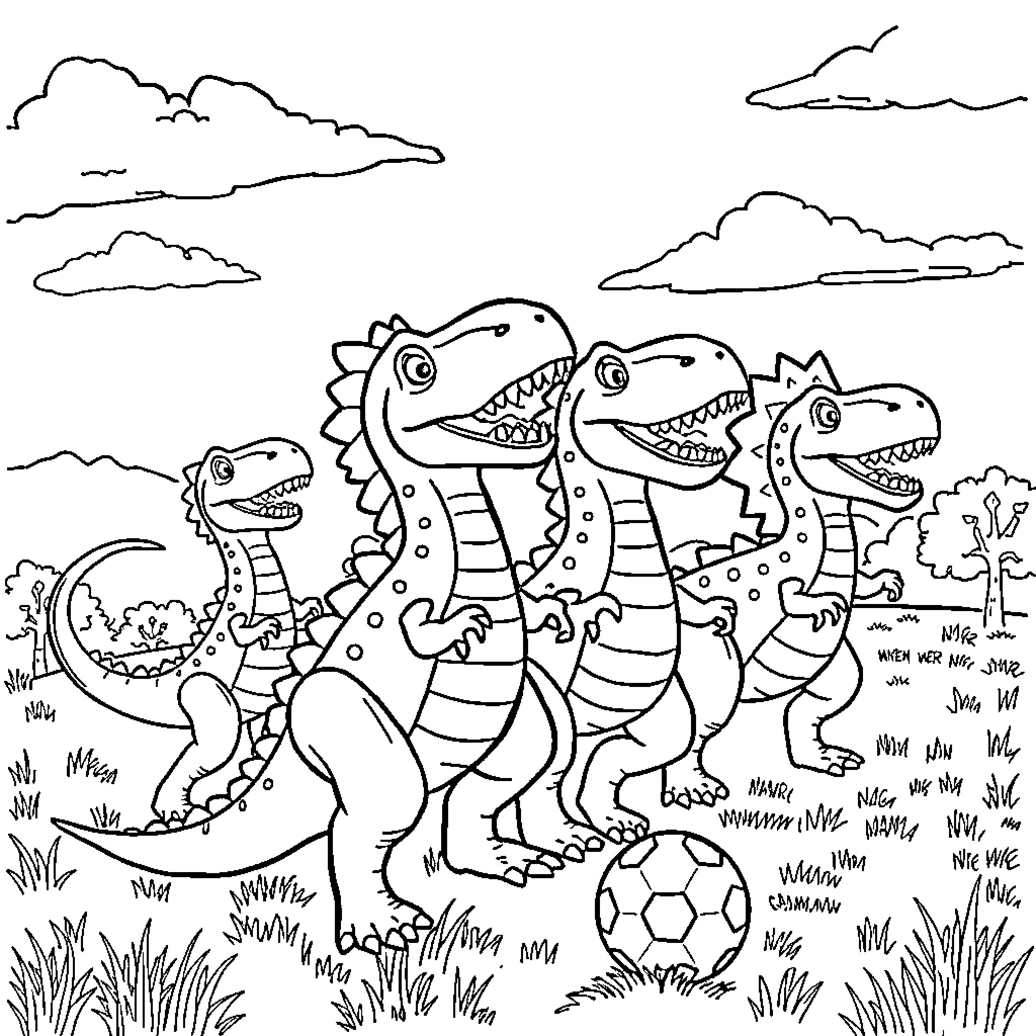Dinosaurs playing happily in the meadow Coloring Page (free black-and-white line drawing printable PDF for all, from beginners to advanced learners, including children, teens, adults, and seniors)