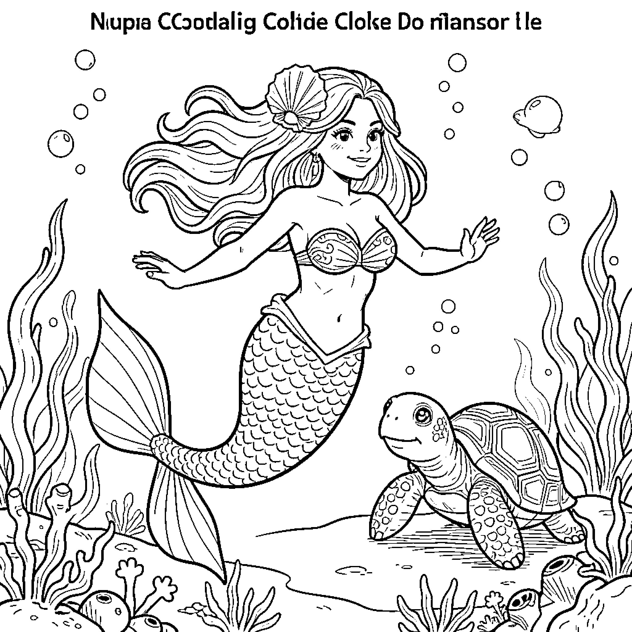 Mermaid swimming gracefully near a sea turtle Coloring Page (free black-and-white line drawing printable PDF for all, from beginners to advanced learners, including children, teens, adults, and seniors)