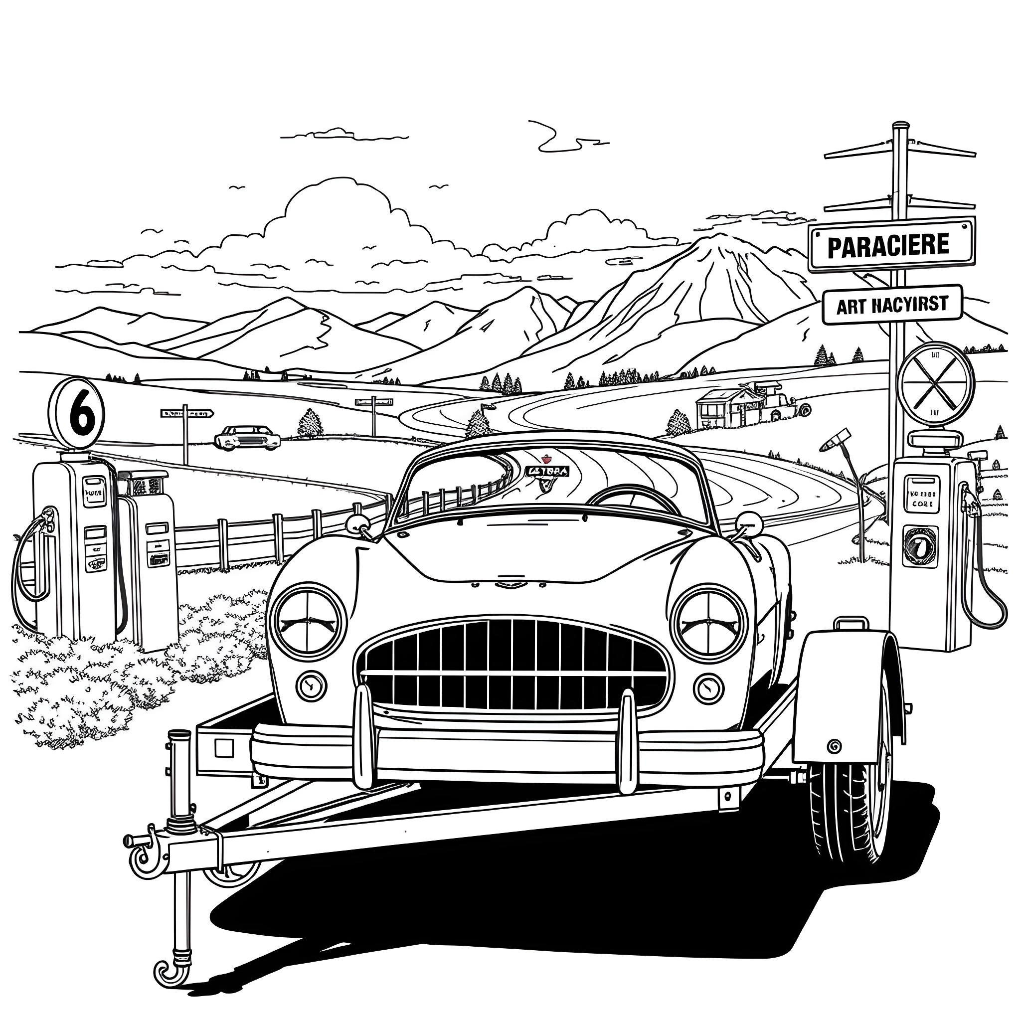 Car travels on a scenic mountain road Coloring Page (free black-and-white line drawing printable PDF for all, from beginners to advanced learners, including children, teens, adults, and seniors)