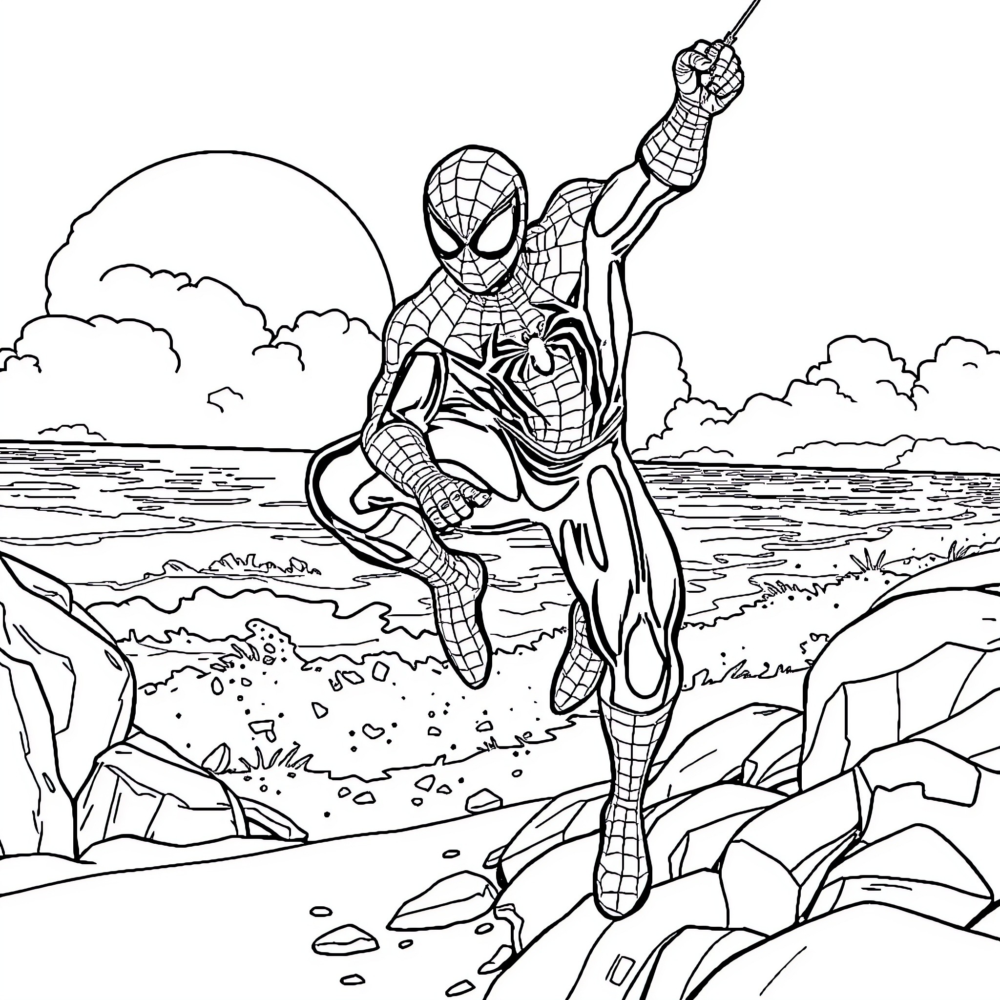 Spiderman swinging through the city landscape Coloring Page (free black-and-white line drawing printable PDF for all, from beginners to advanced learners, including children, teens, adults, and seniors)