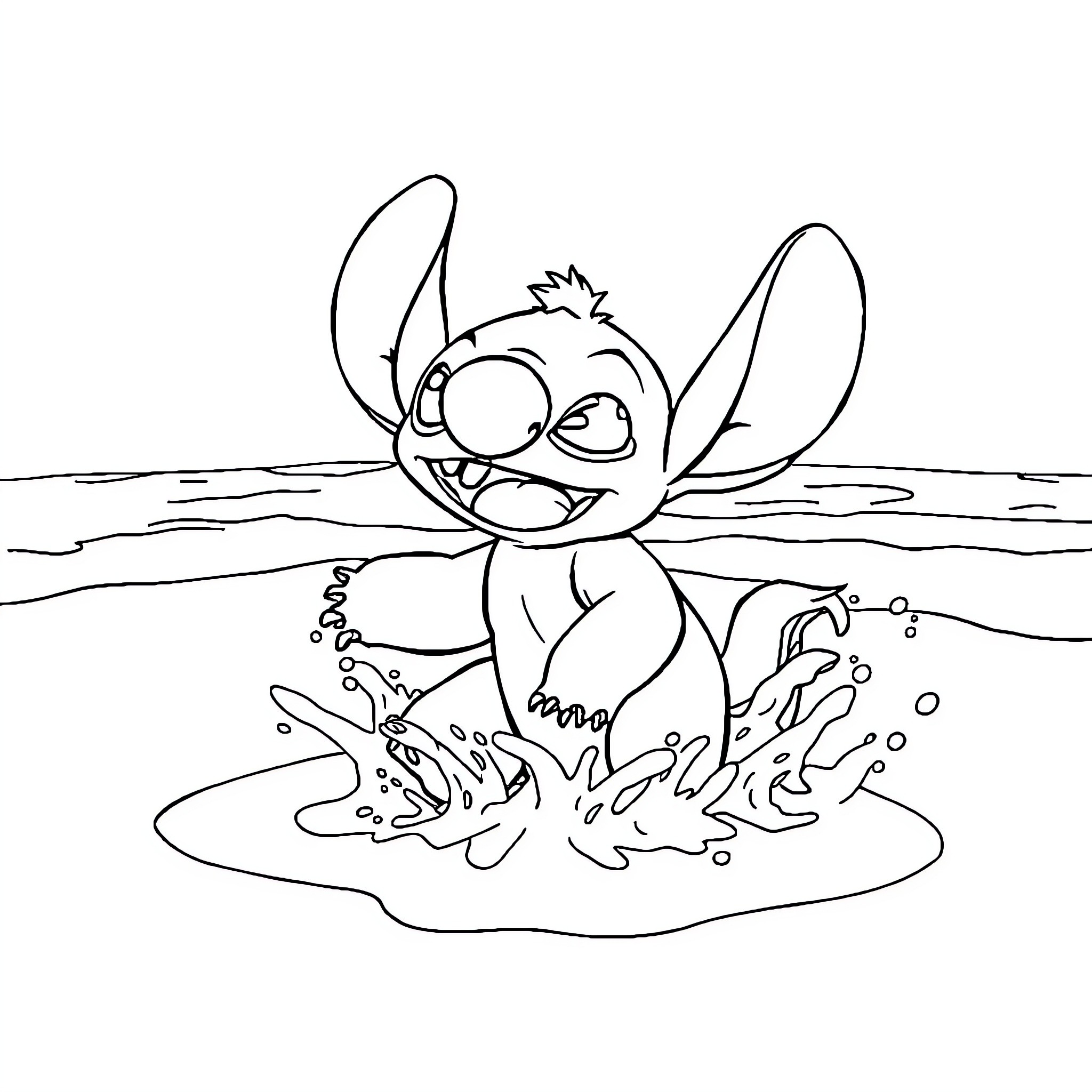 Stitch splashing happily in the water Coloring Page (free black-and-white line drawing printable PDF for all, from beginners to advanced learners, including children, teens, adults, and seniors)