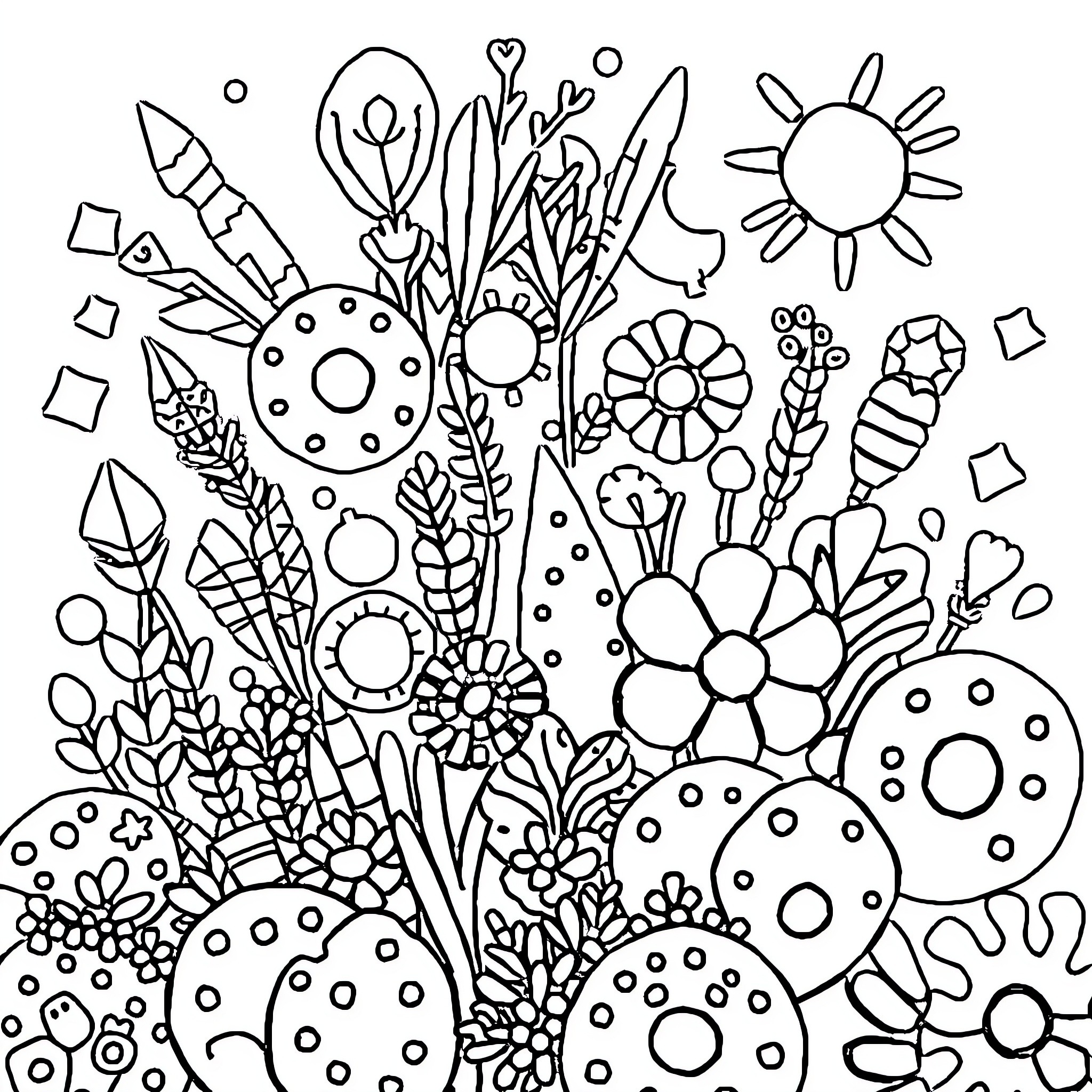 Doodle of whimsical floral and nature-inspired elements Coloring Page (free black-and-white line drawing printable PDF for all, from beginners to advanced learners, including children, teens, adults, and seniors)