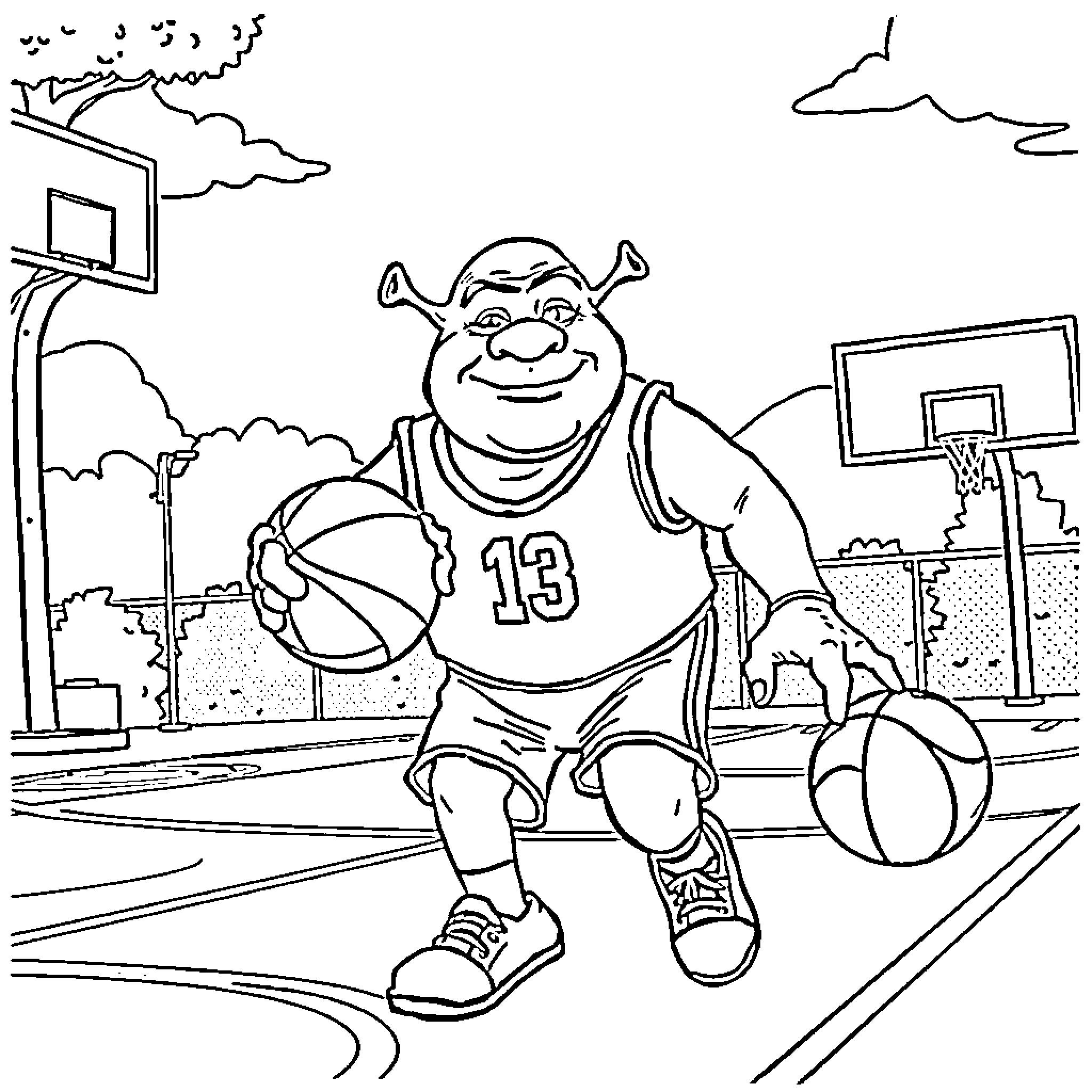 Shrek playing basketball on the court Coloring Page (free black-and-white line drawing printable PDF for all, from beginners to advanced learners, including children, teens, adults, and seniors)