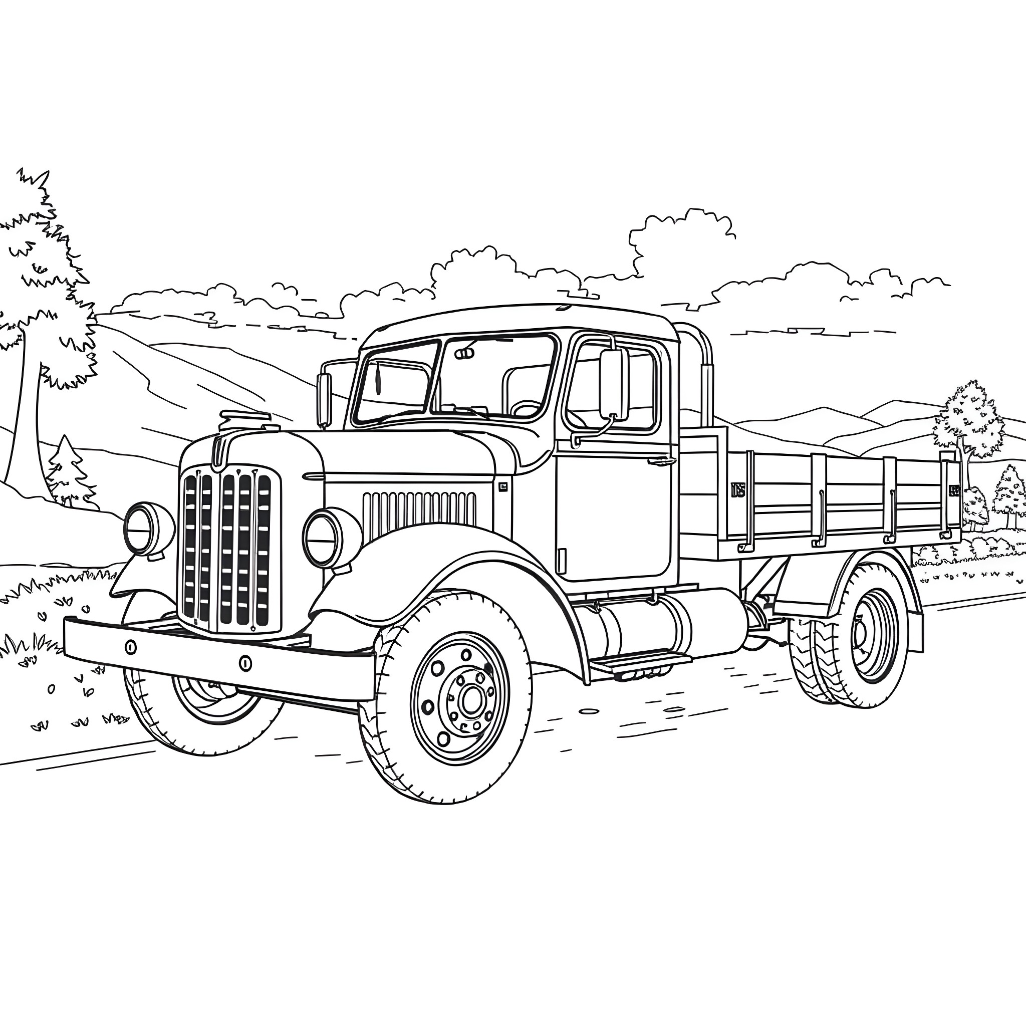 Flatbed vintage truck on countryside road Coloring Page (free black-and-white line drawing printable PDF for all, from beginners to advanced learners, including children, teens, adults, and seniors)