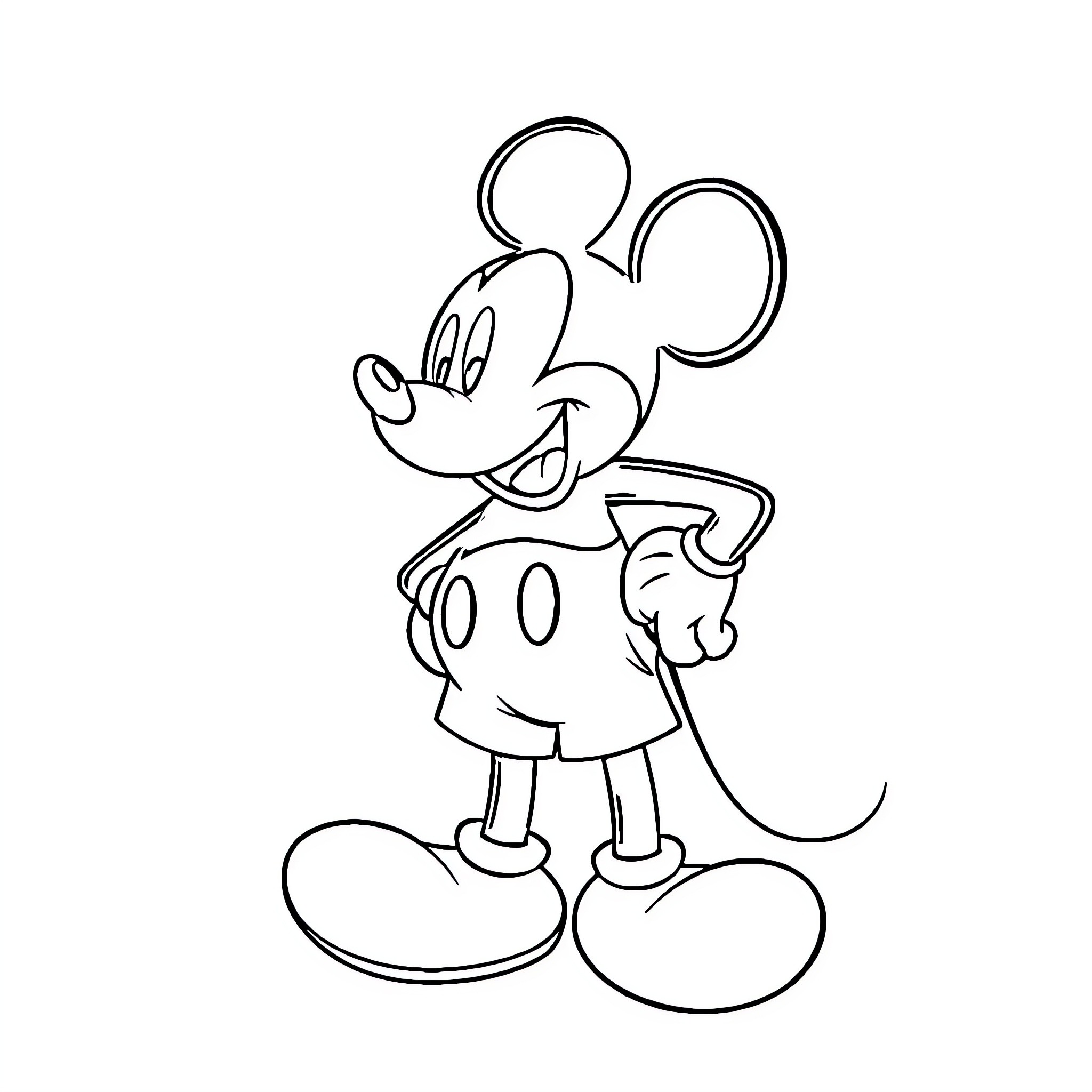 Mickey Mouse standing and smiling Coloring Page (free black-and-white line drawing printable PDF for all, from beginners to advanced learners, including children, teens, adults, and seniors)