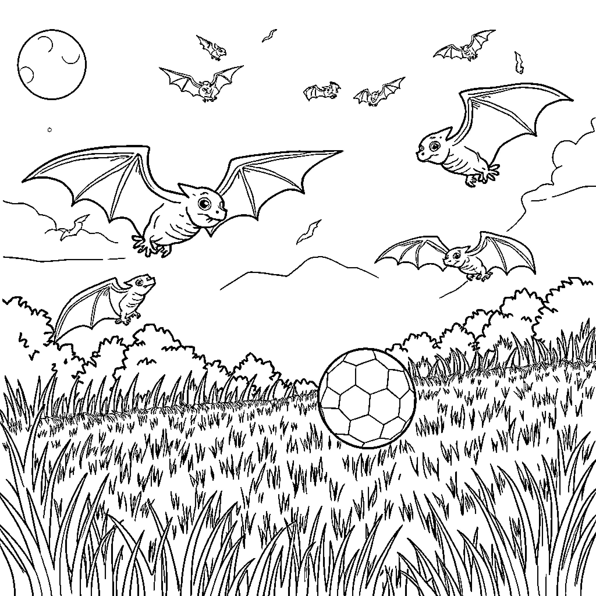 Bat creatures flying playfully in the night sky Coloring Page (free black-and-white line drawing printable PDF for all, from beginners to advanced learners, including children, teens, adults, and seniors)