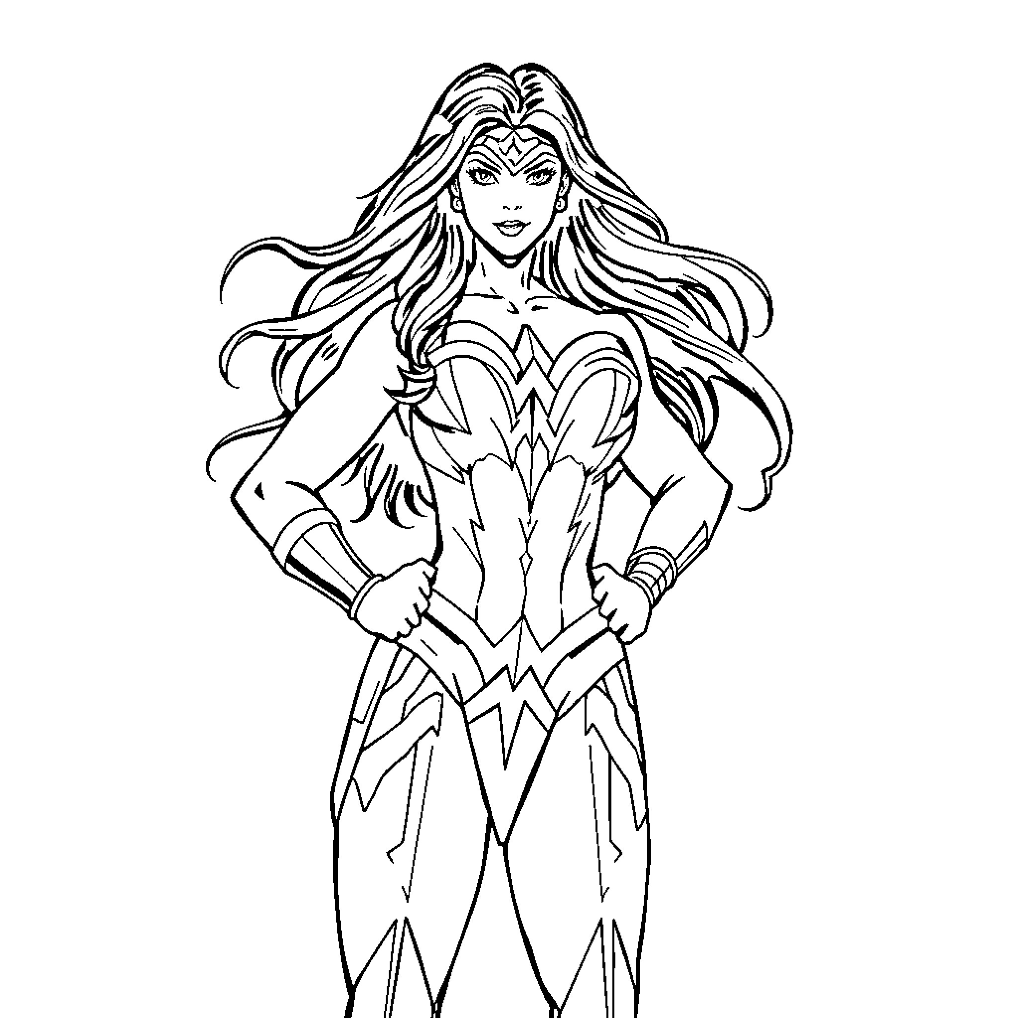 Wonder Woman in Heroic Pose Coloring Page (free black-and-white line drawing printable PDF for all, from beginners to advanced learners, including children, teens, adults, and seniors)