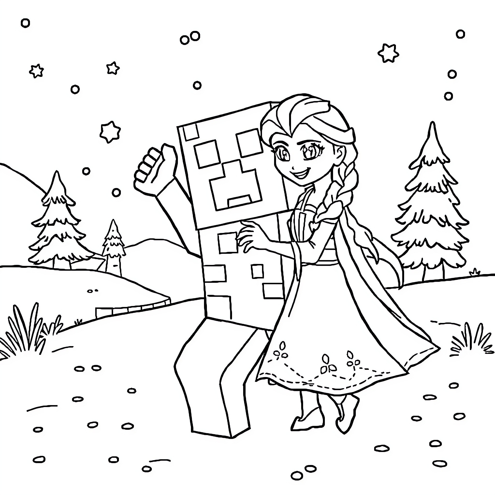 Creeper character exploring the snowy forest Coloring Page (free black-and-white line drawing printable PDF for all, from beginners to advanced learners, including children, teens, adults, and seniors)