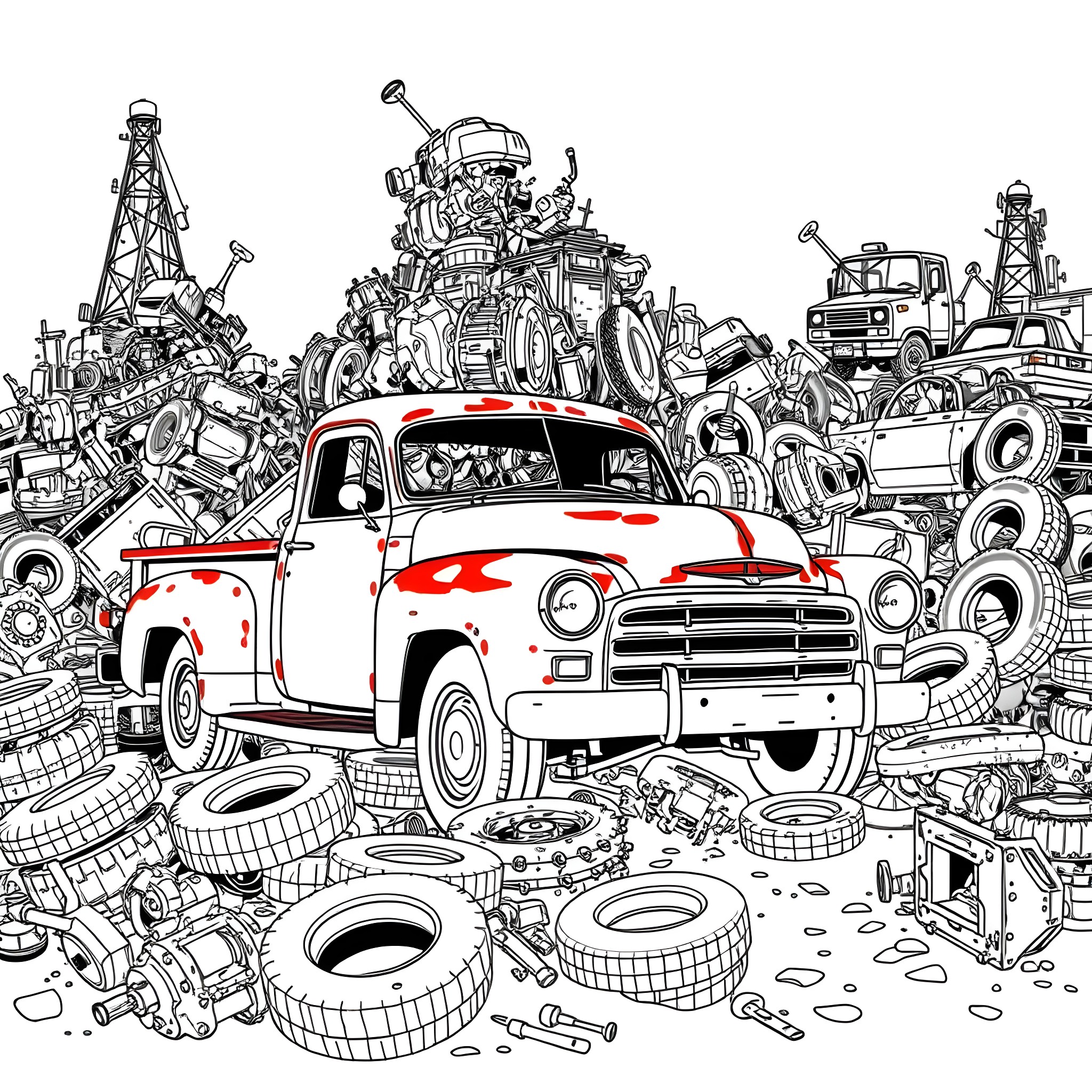 Pick Up Truck Amid Piles of Automotive Parts Coloring Page (free black-and-white line drawing printable PDF for all, from beginners to advanced learners, including children, teens, adults, and seniors)