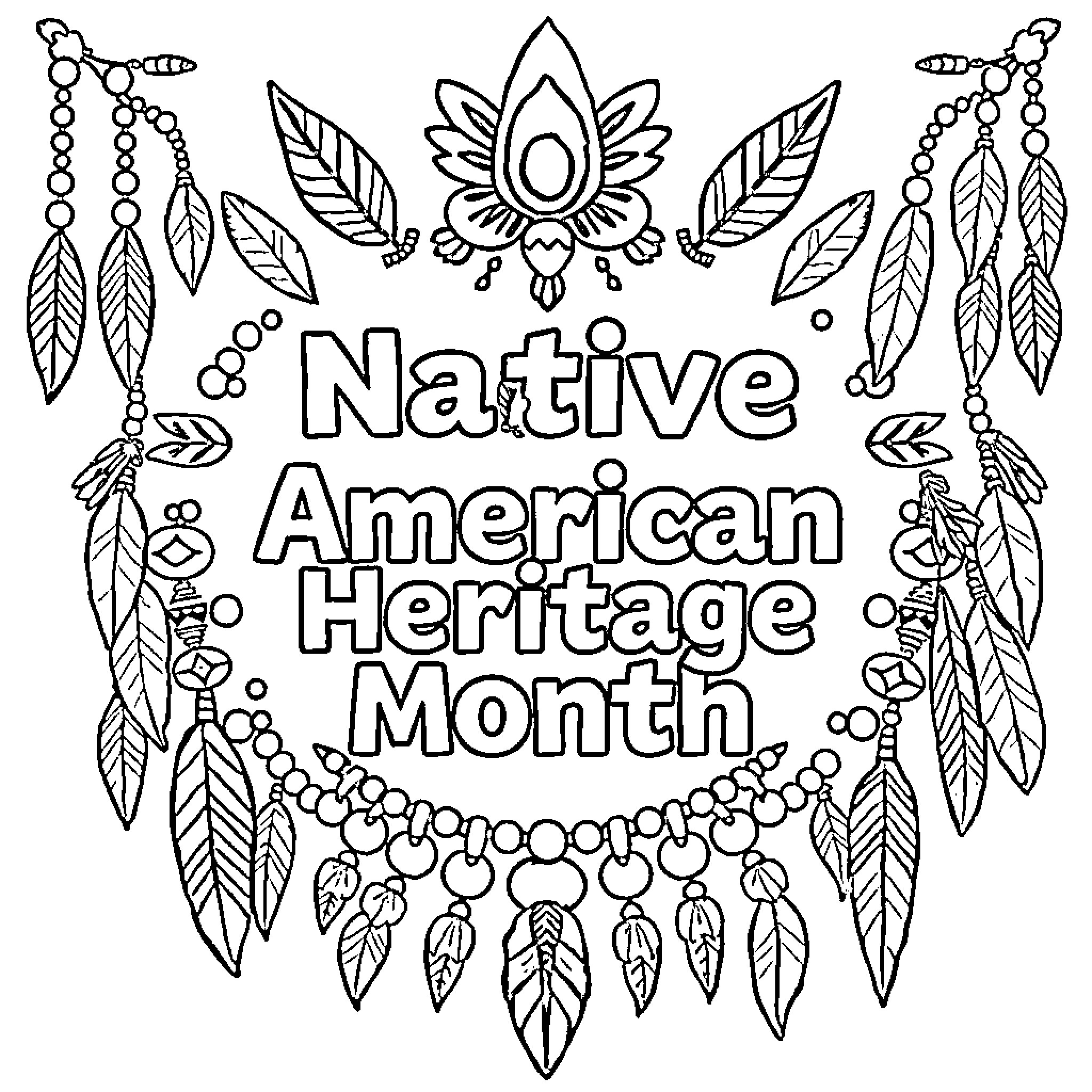 Native American Heritage Month Celebration Coloring Page (free black-and-white line drawing printable PDF for all, from beginners to advanced learners, including children, teens, adults, and seniors)