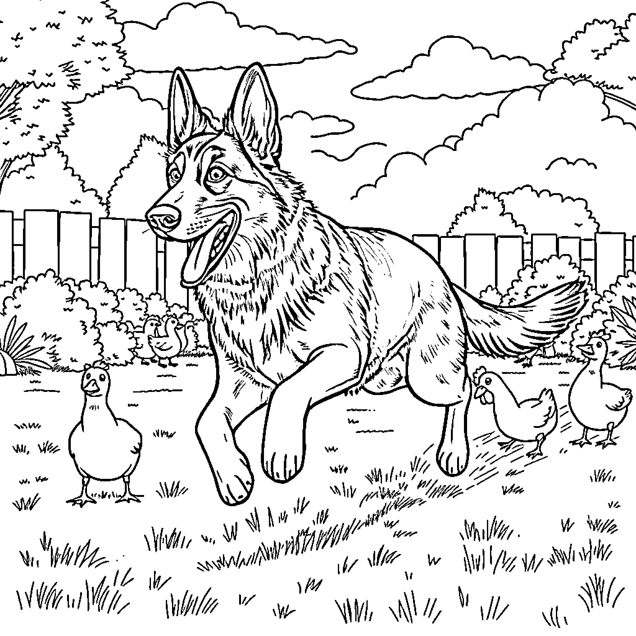 German Shepherd guarding the yard with farm animals Coloring Page (free black-and-white line drawing printable PDF for all, from beginners to advanced learners, including children, teens, adults, and seniors)