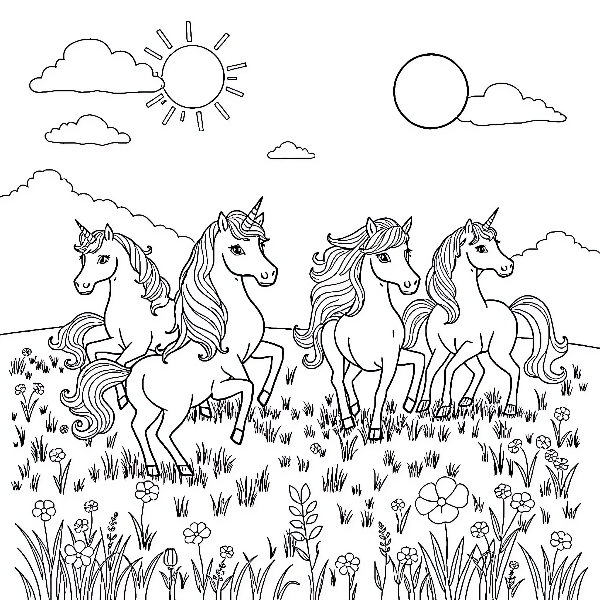 Unicorn herd prancing through a magical meadow Coloring Page (free black-and-white line drawing printable PDF for all, from beginners to advanced learners, including children, teens, adults, and seniors)