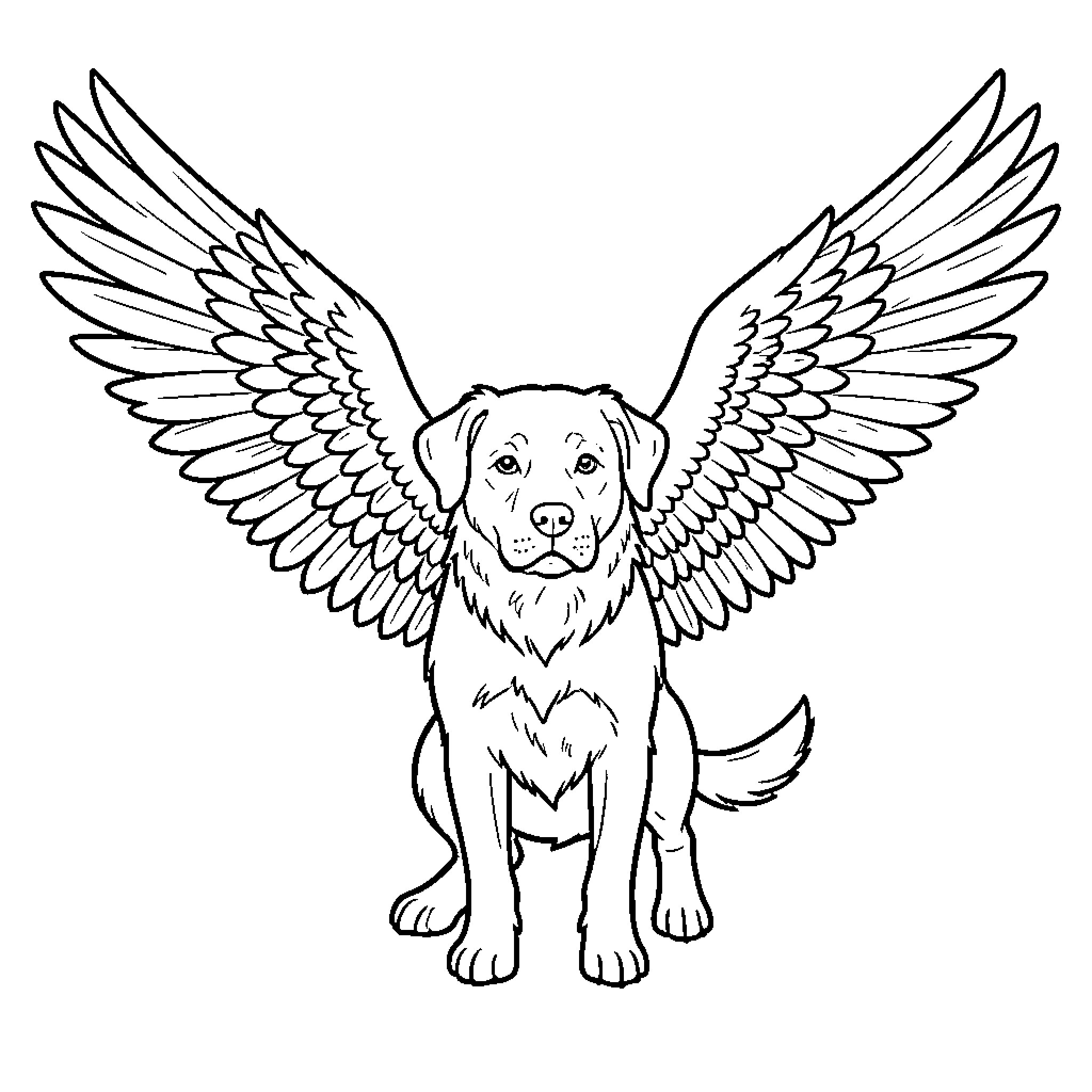 Dog with angelic wings spread wide Coloring Page (free black-and-white line drawing printable PDF for all, from beginners to advanced learners, including children, teens, adults, and seniors)