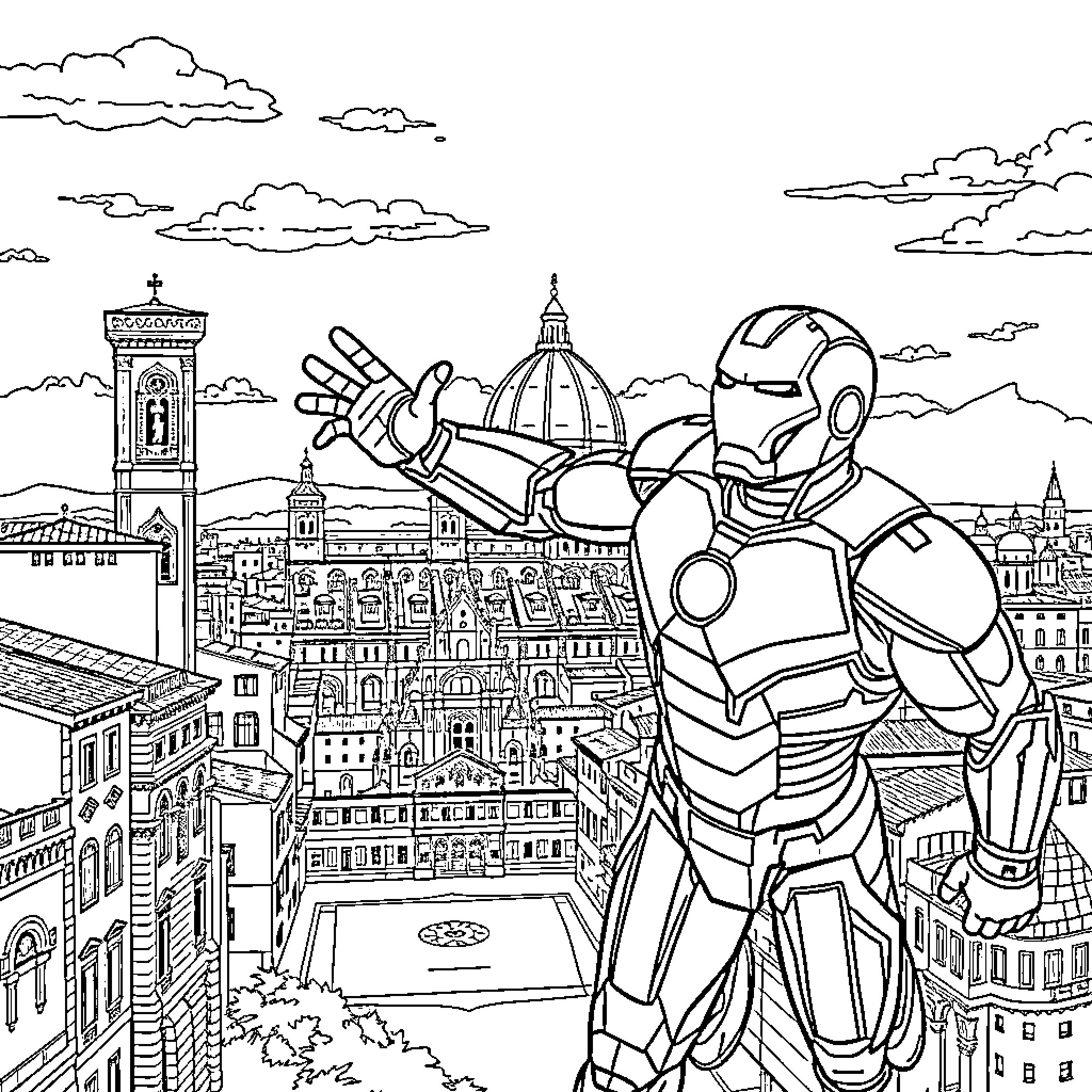 Iron Man overlooking the city skyline Coloring Page (free black-and-white line drawing printable PDF for all, from beginners to advanced learners, including children, teens, adults, and seniors)