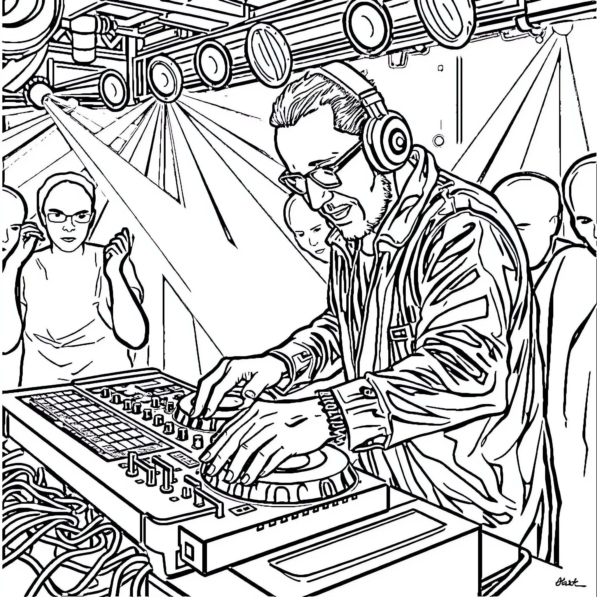 DJ Mixing Beats in Lively Stage Performance Coloring Page (free black-and-white line drawing printable PDF for all, from beginners to advanced learners, including children, teens, adults, and seniors)
