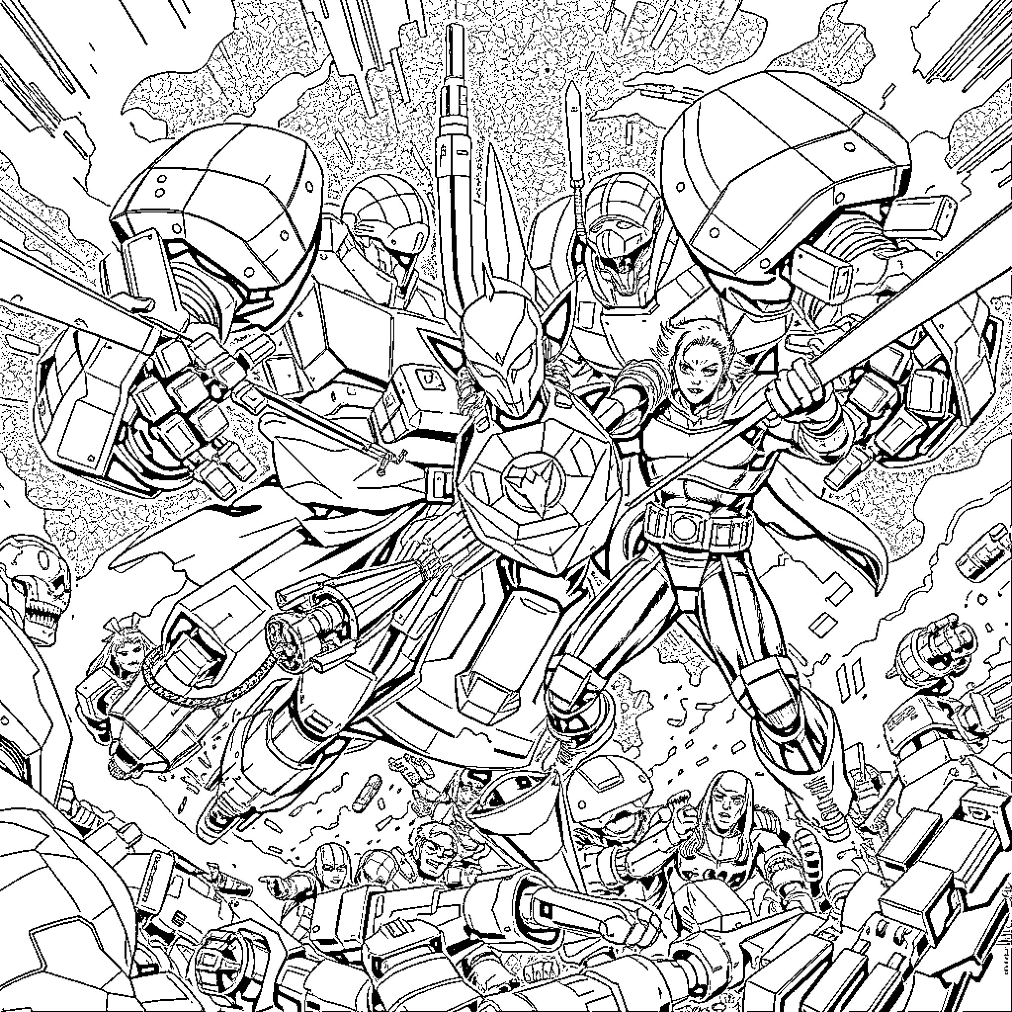 Rogue Mech Warriors in Explosive Battle Coloring Page (free black-and-white line drawing printable PDF for all, from beginners to advanced learners, including children, teens, adults, and seniors)